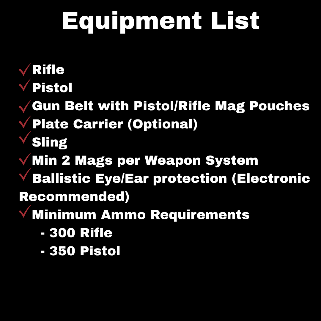 A black background with white text listing equipment for shooting, including rifle, pistol, gun belt with magazine pouches, optional plate carrier, sling, minimum two magazines per weapon system, ballistic eye and ear protection, and minimum ammunition requirements of 300 rounds for rifle and 350 rounds for pistol.