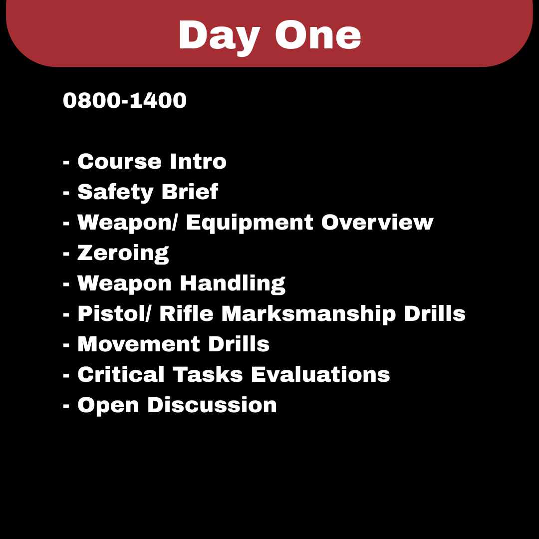 Schedule for Day One of a training course, listing activities from 8:00 AM to 2:00 PM, including course intro, safety briefing, weapon overview, zeroing, weapon handling, marksmanship drills, movement drills, evaluations, and open discussion.