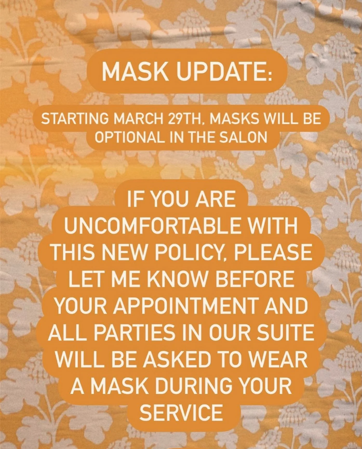 Hi everyone, I am changing my mask policy at the end of this month. Starting March 29th masks will be optional. If you are uncomfortable with this new policy, me and all parties in the studio will be happy to wear one. As always, If you are not feeli