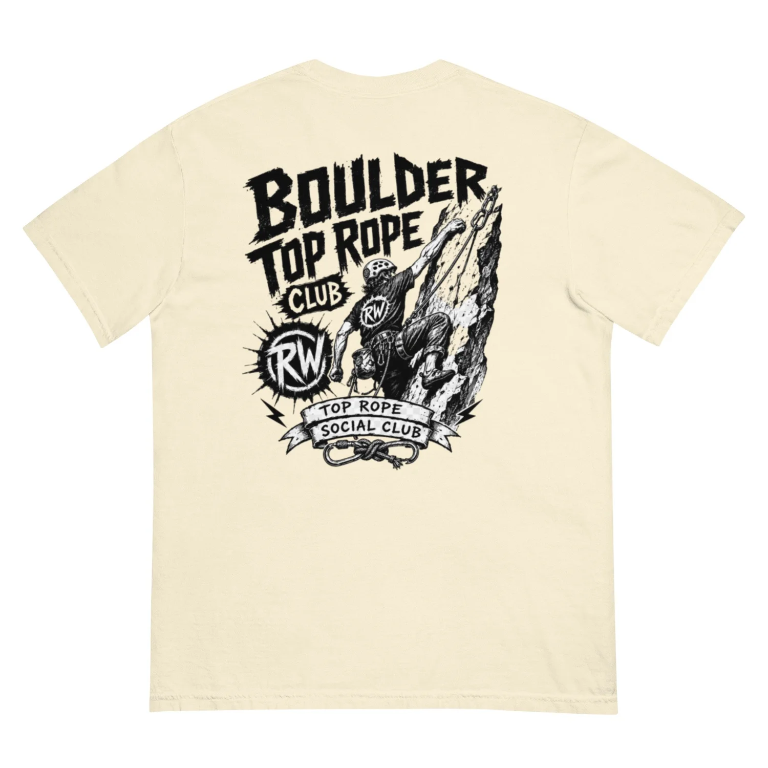 Ivory Rope Wranglers Top Rope Social Club shirt with a large illustrated climber design on the back