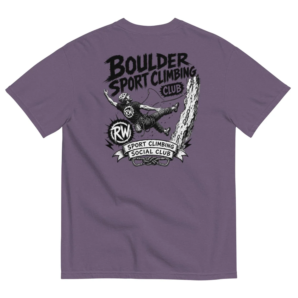 Grape purple Rope Wranglers Sport Climbing Social Club shirt showing the large illustrated back design