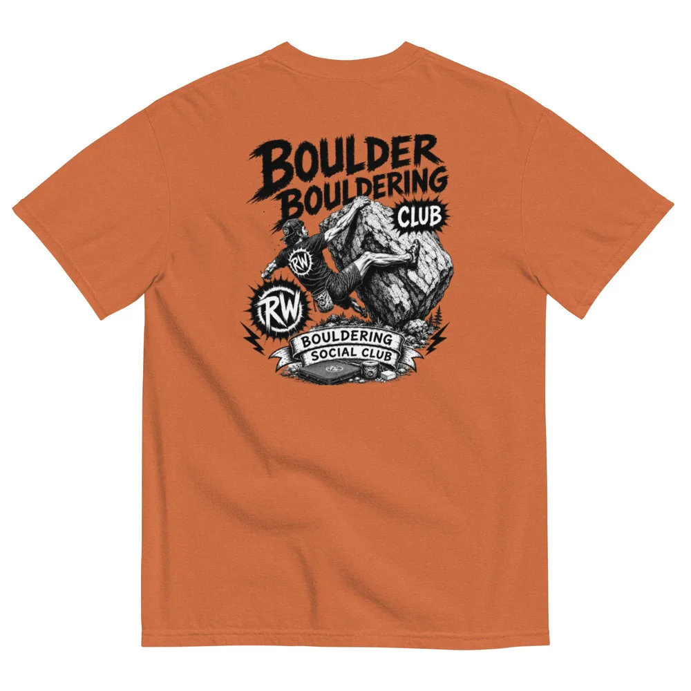 Burnt orange Rope Wranglers Bouldering Social Club shirt showing the large illustrated back design
