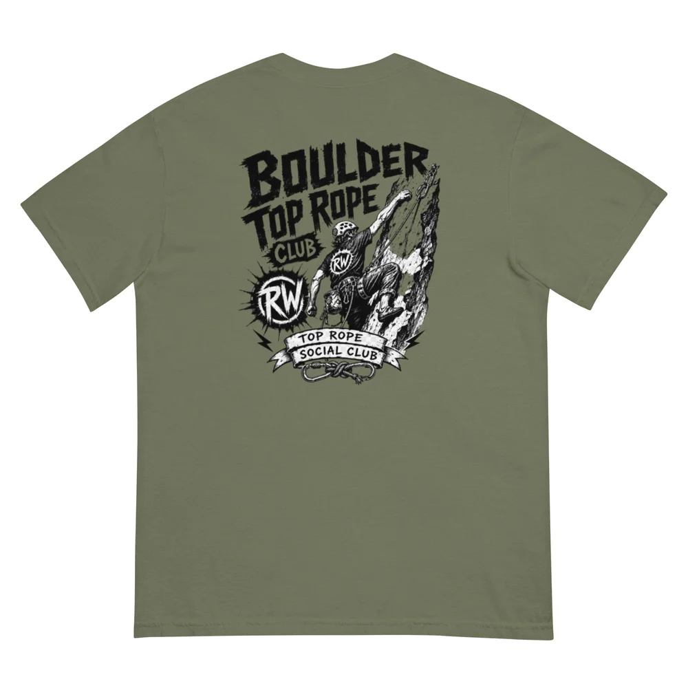 Moss green Rope Wranglers Top Rope Social Club shirt showing the large illustrated back design