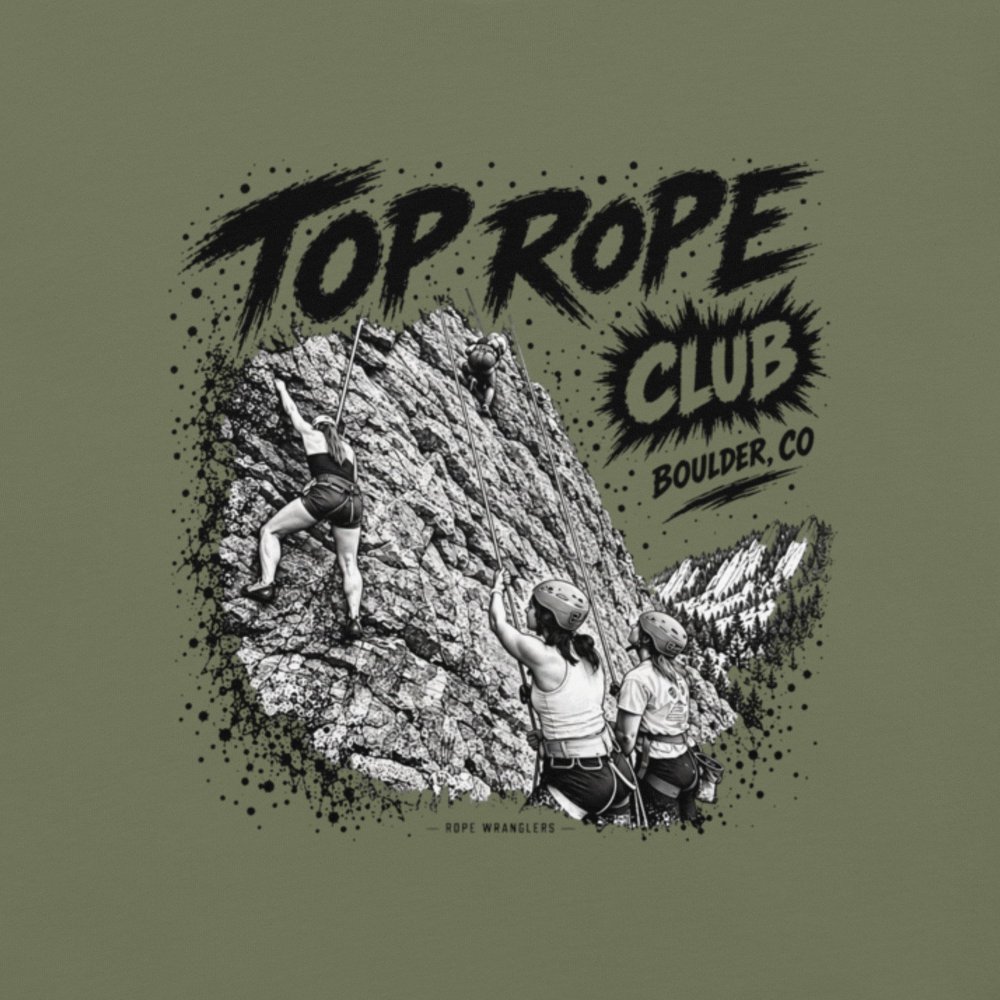 Moss green Rope Wranglers Top Rope Social Club shirt showing the large illustrated back design