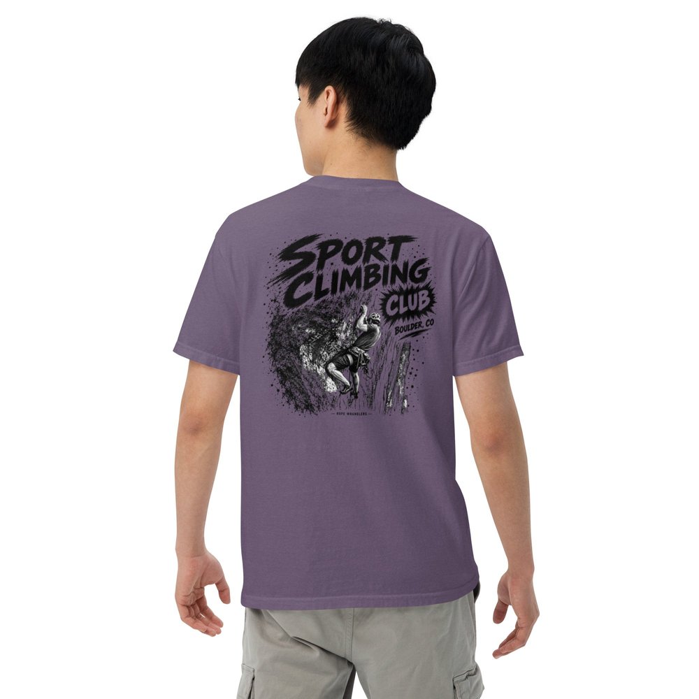 Grape purple Rope Wranglers Sport Climbing Social Club shirt showing the large illustrated back design