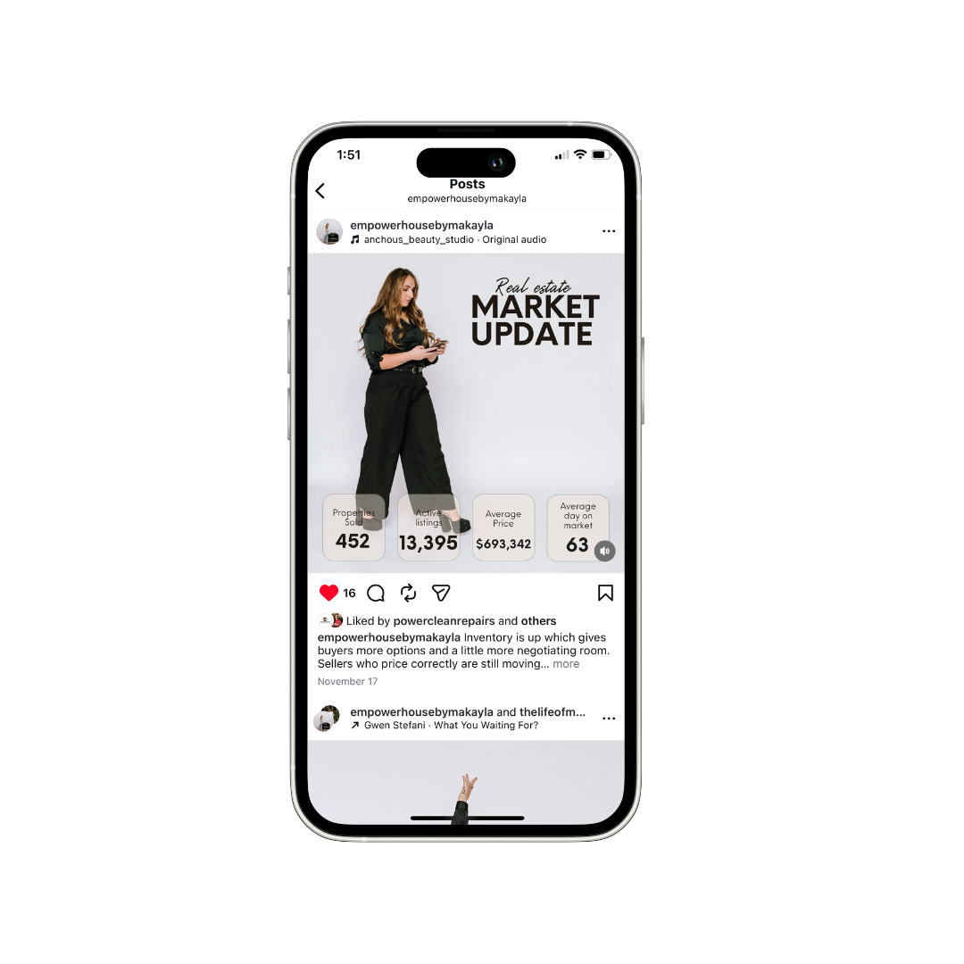 An Instagram post of a Utah Real Estate Agent on her phone with text over the professional photo that says Real Estate Market Update