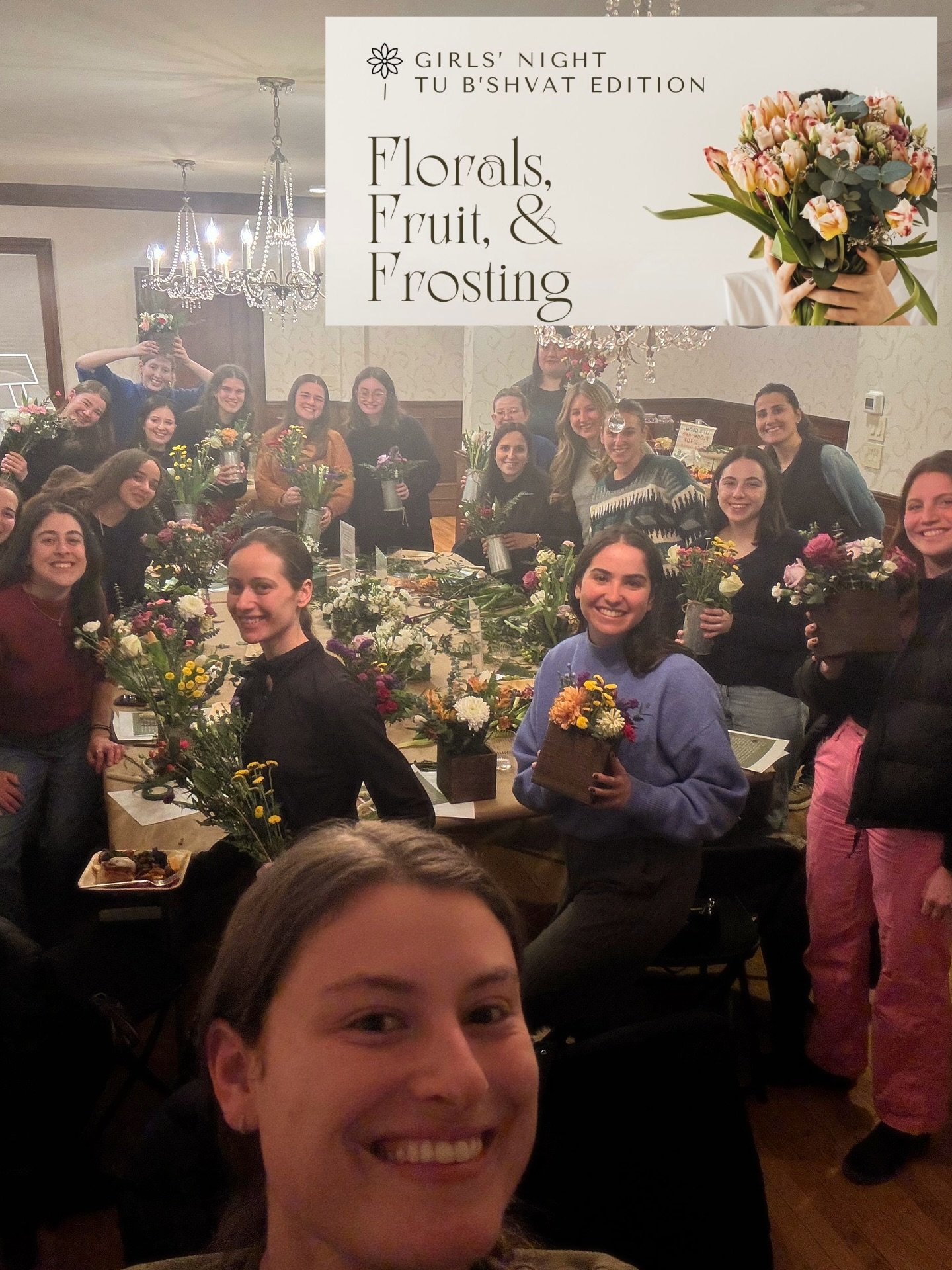 Tu B&rsquo;Shvat Grad Girls Night with floral arrangements, meaningful conversation about the birthday of the trees, and a sweet spread of the seven species 💐