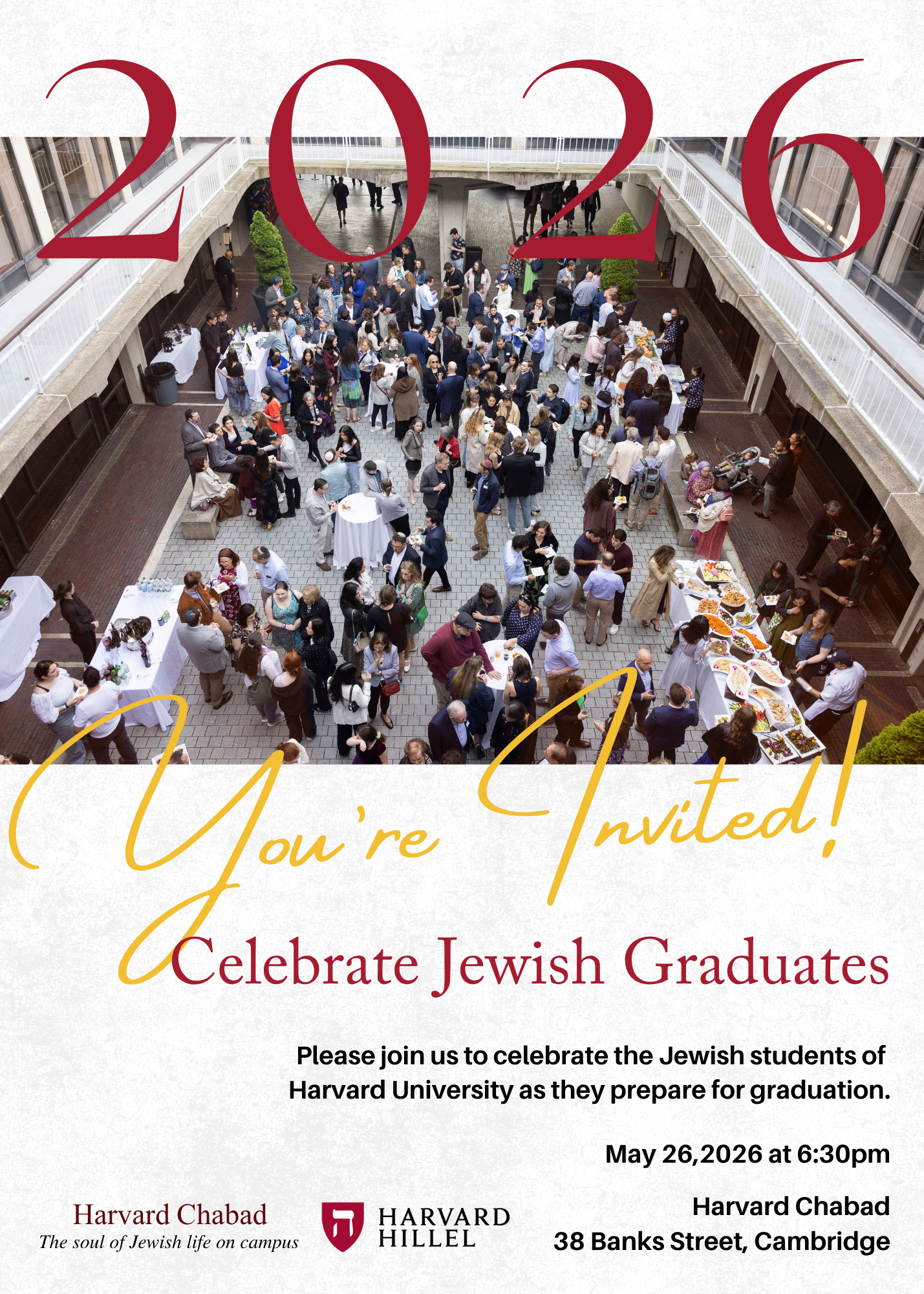 Invitation to a Jewish graduation celebration with a photo of a crowd at a university event, large red and yellow text saying "You're Invited!" and "Celebrate Jewish Graduates" and details of time, date, and location.