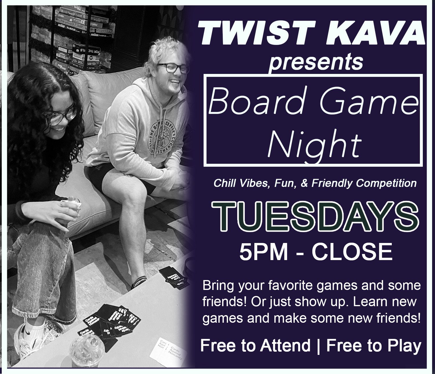 A promotional flyer for a board game night featuring a photo of two smiling people sitting on a couch, surrounded by game cards and snacks, with event details and text over a purple background.