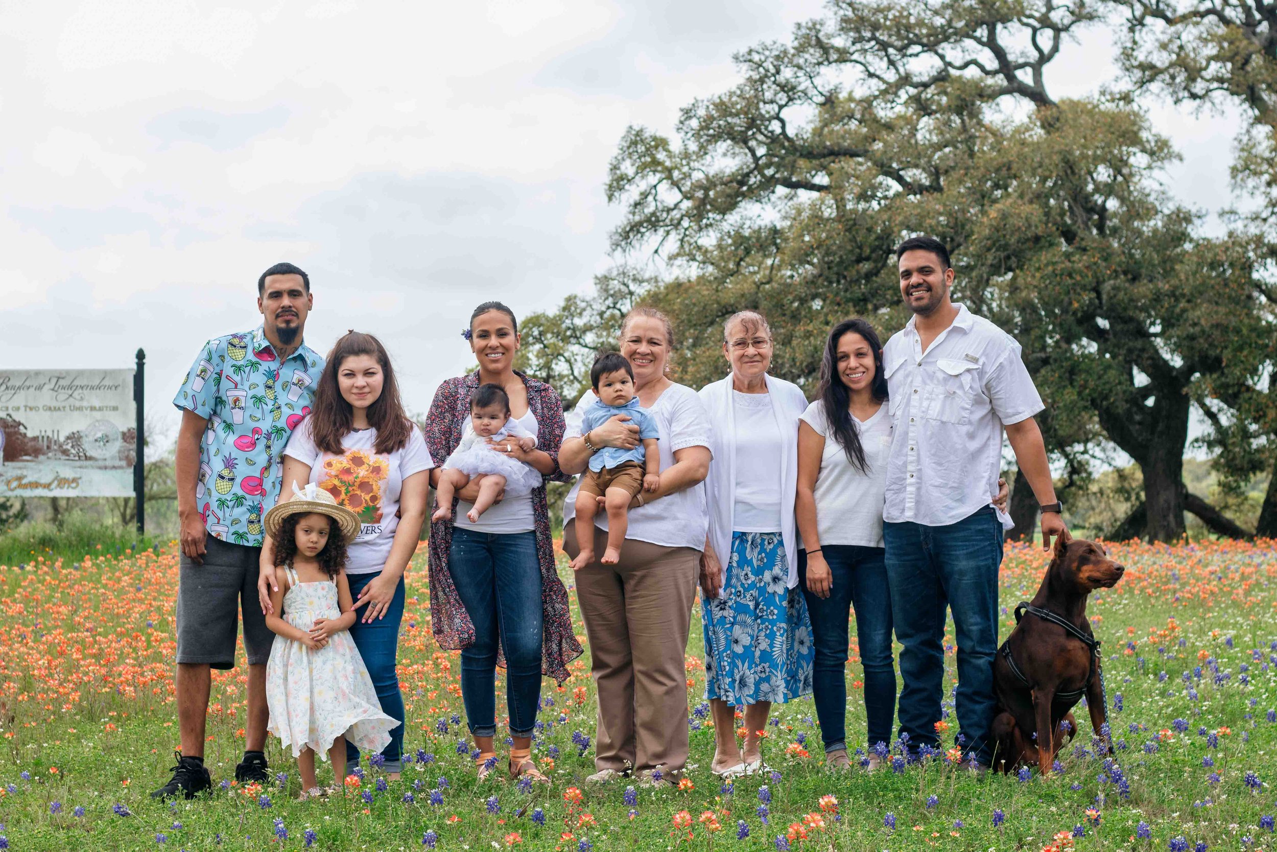 Brenham, Texas bluebonnet family portrait by Lev's Photography featuring a family of ten with their dog standing in a colorful field of bluebonnets and wildflowers, captured outdoors on a cloudy day with soft natural light and scenic trees in the bac