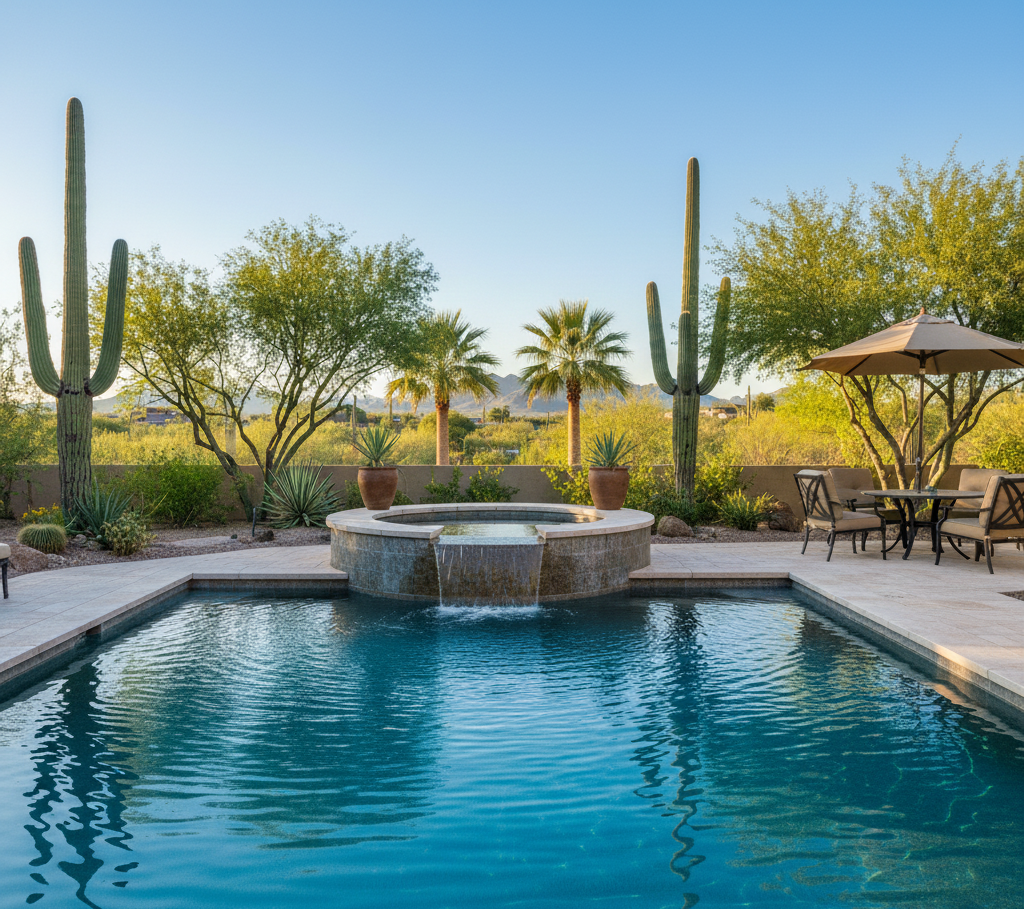A swimming pool in a desert landscape with cacti, palm trees, and outdoor furniture under a clear blue sky.