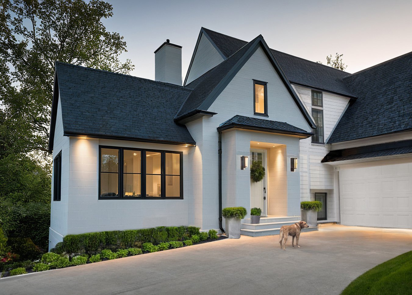 Charming exterior of a white house with striking black trim, featuring a welcoming front porch, landscaped garden, and large windows that enhance its contemporary curb appeal.