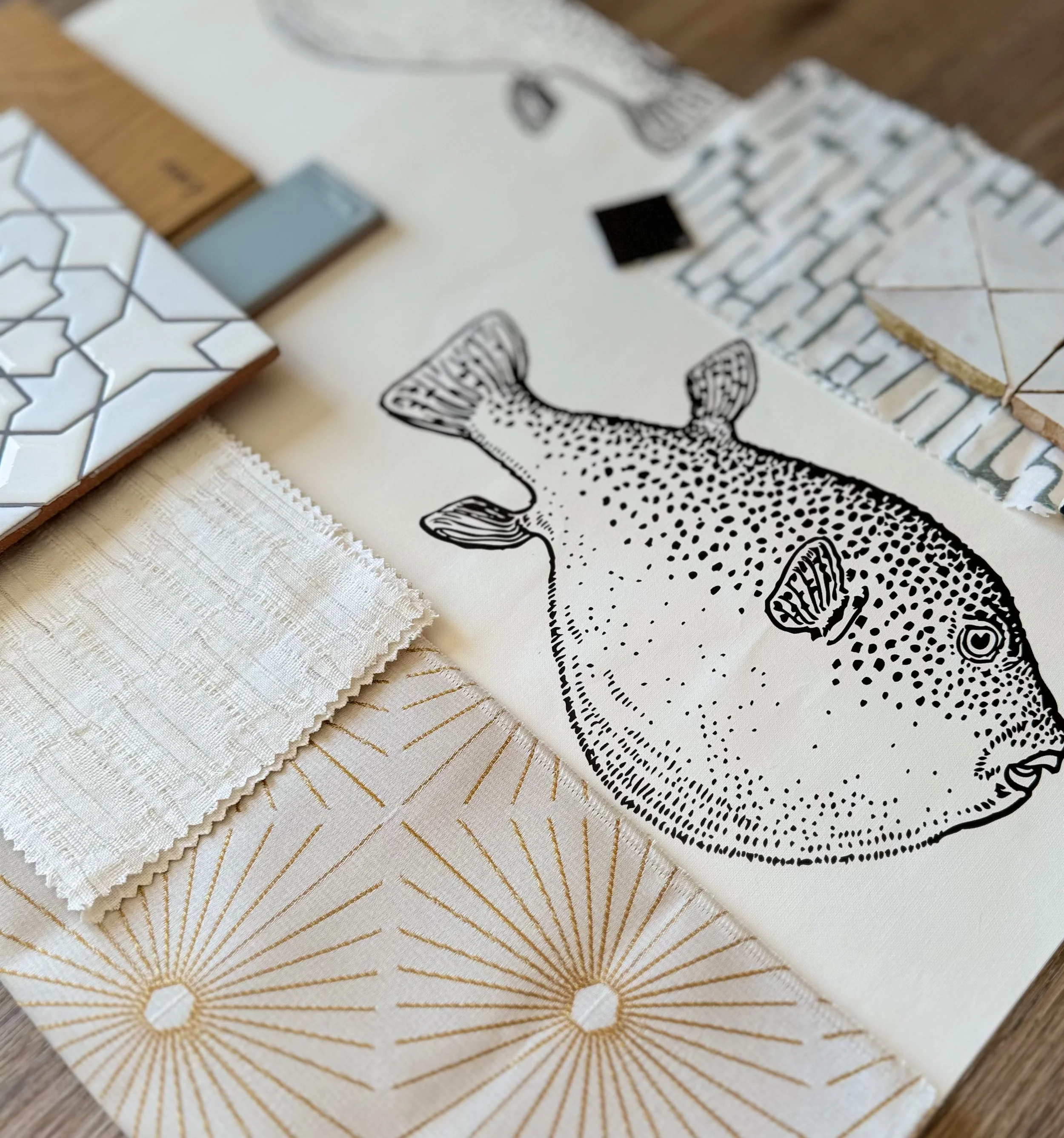 Inspiring mood board featuring aquatic-themed elements, including vibrant colors, textures, and patterns inspired by fish, showcasing a cohesive design concept for a serene and nature-infused space.