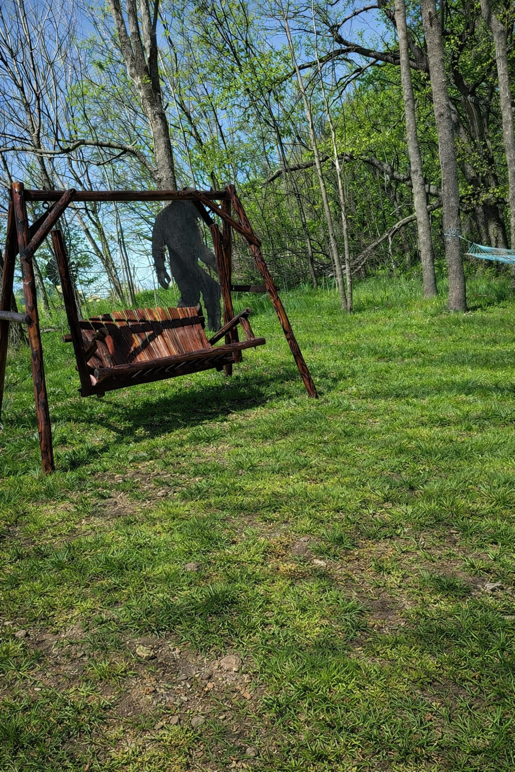 realxing swing small cabins in the background.