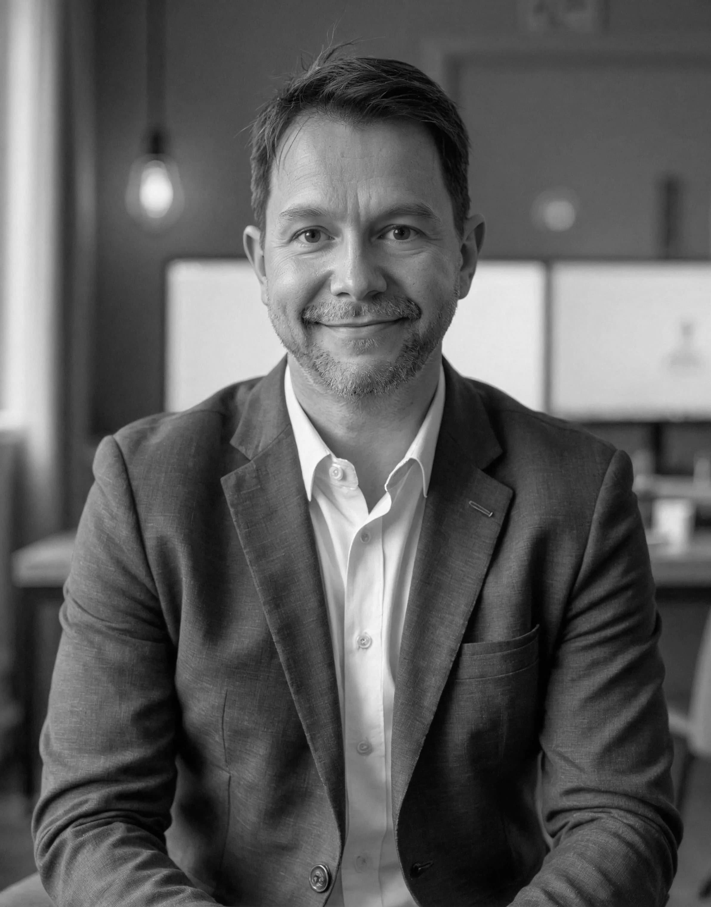 A man in a suit sits indoors, smiling at the camera. The image is in black and white.