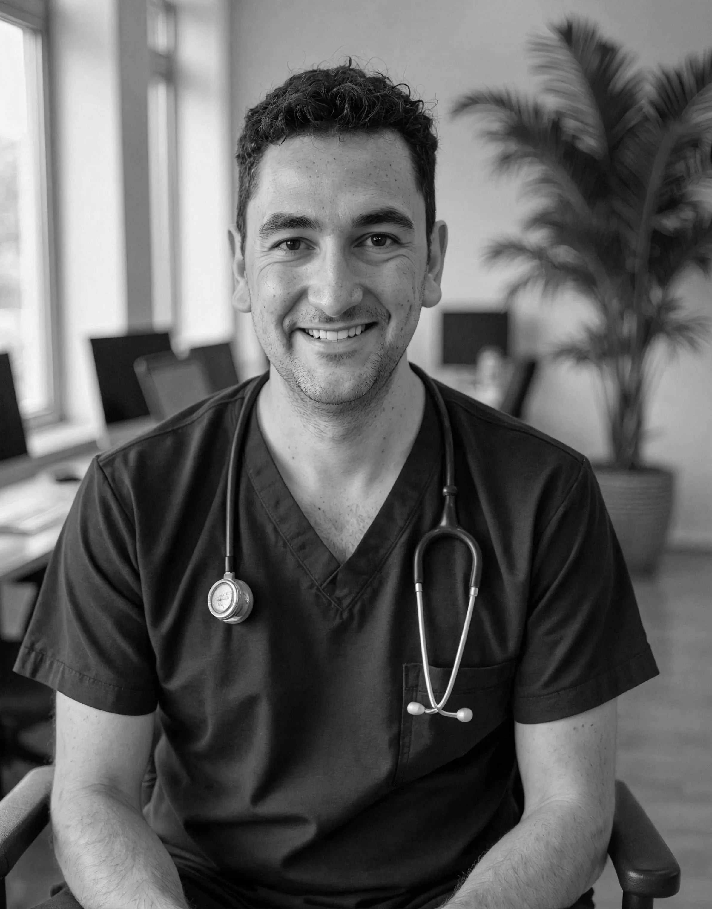 A smiling man in scrubs with a stethoscope sits in an office with computers and a large plant in the background.