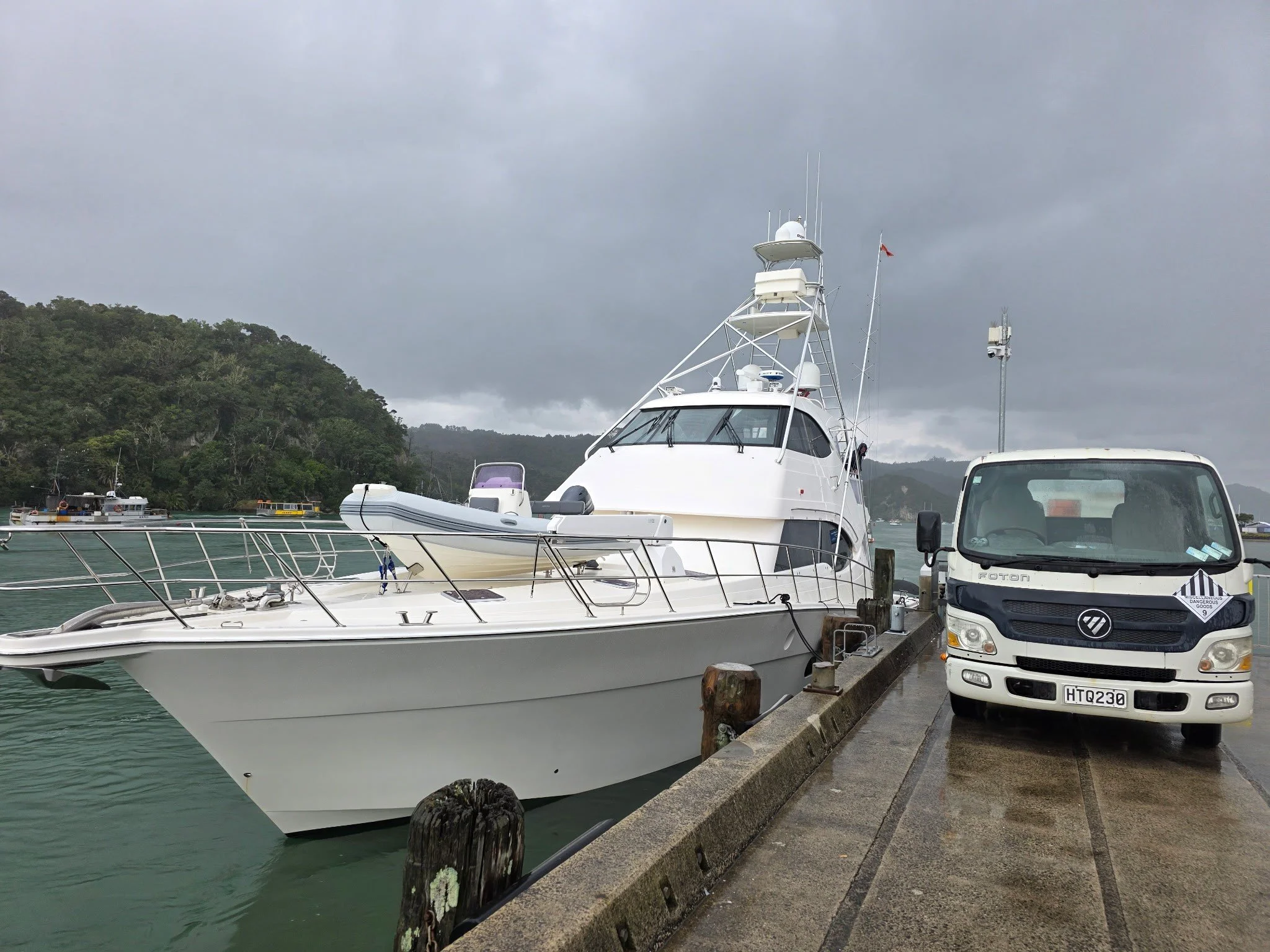 A marina with boats docked on the water, gray cloudy sky, and a concrete walkway with a parked white truck.