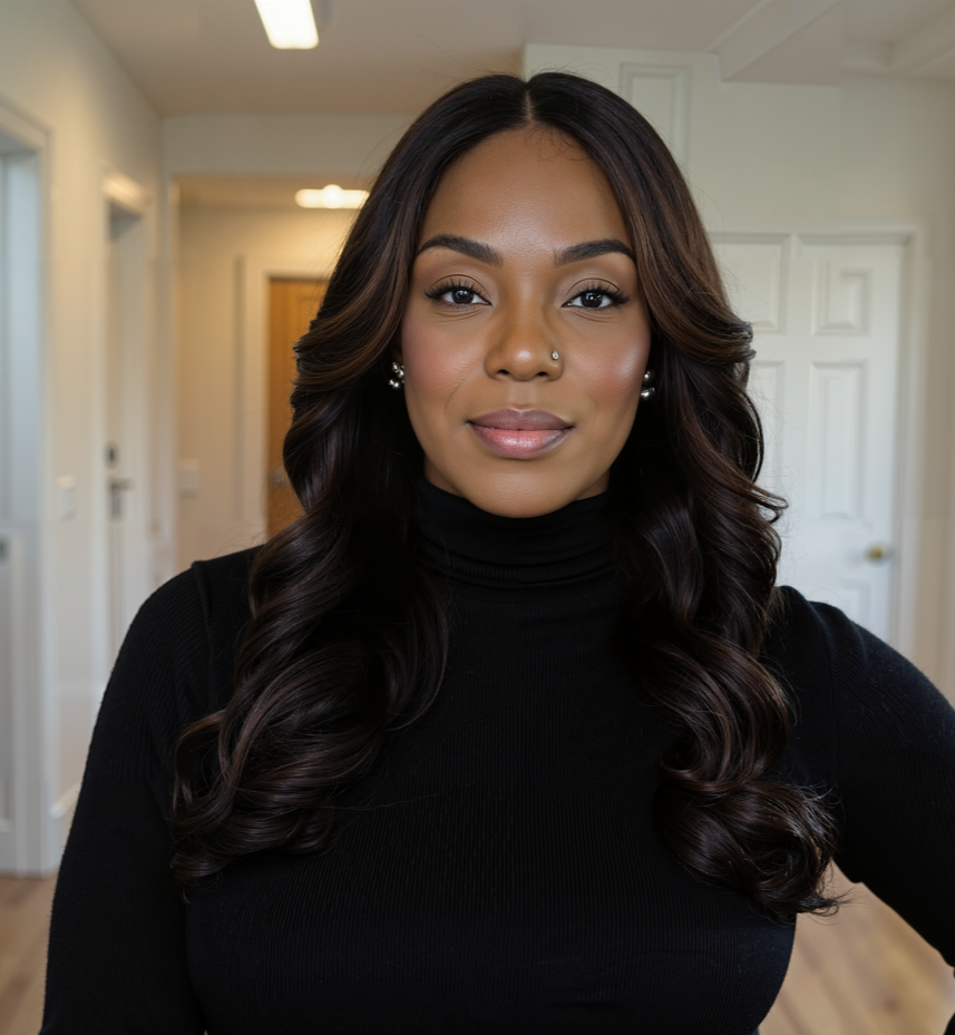 A woman with dark wavy hair, wearing a black turtleneck, posing indoors in front of a door and white walls.