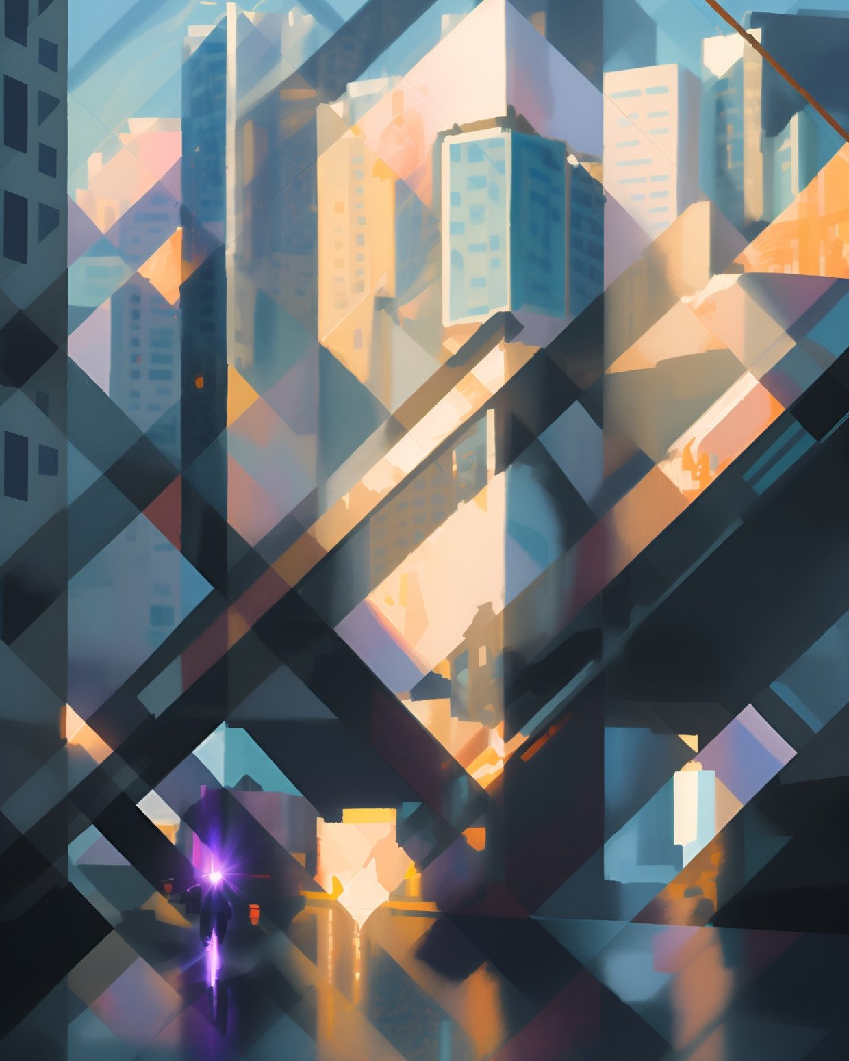 A futuristic cityscape. The buildings are inspired by the intersecting lines and grid-like structure of the pattern, resembling ultra-modern high-rises with glass, metal, and illuminated façades.