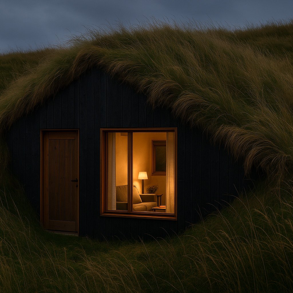 In Iceland I saw many structures buried in the landscape to take advantage of the earth's natural insulation. This image is inspired by the potential to design small residential spaces into a shaggy wild grass hillside condition. #chatgpt #imagegener