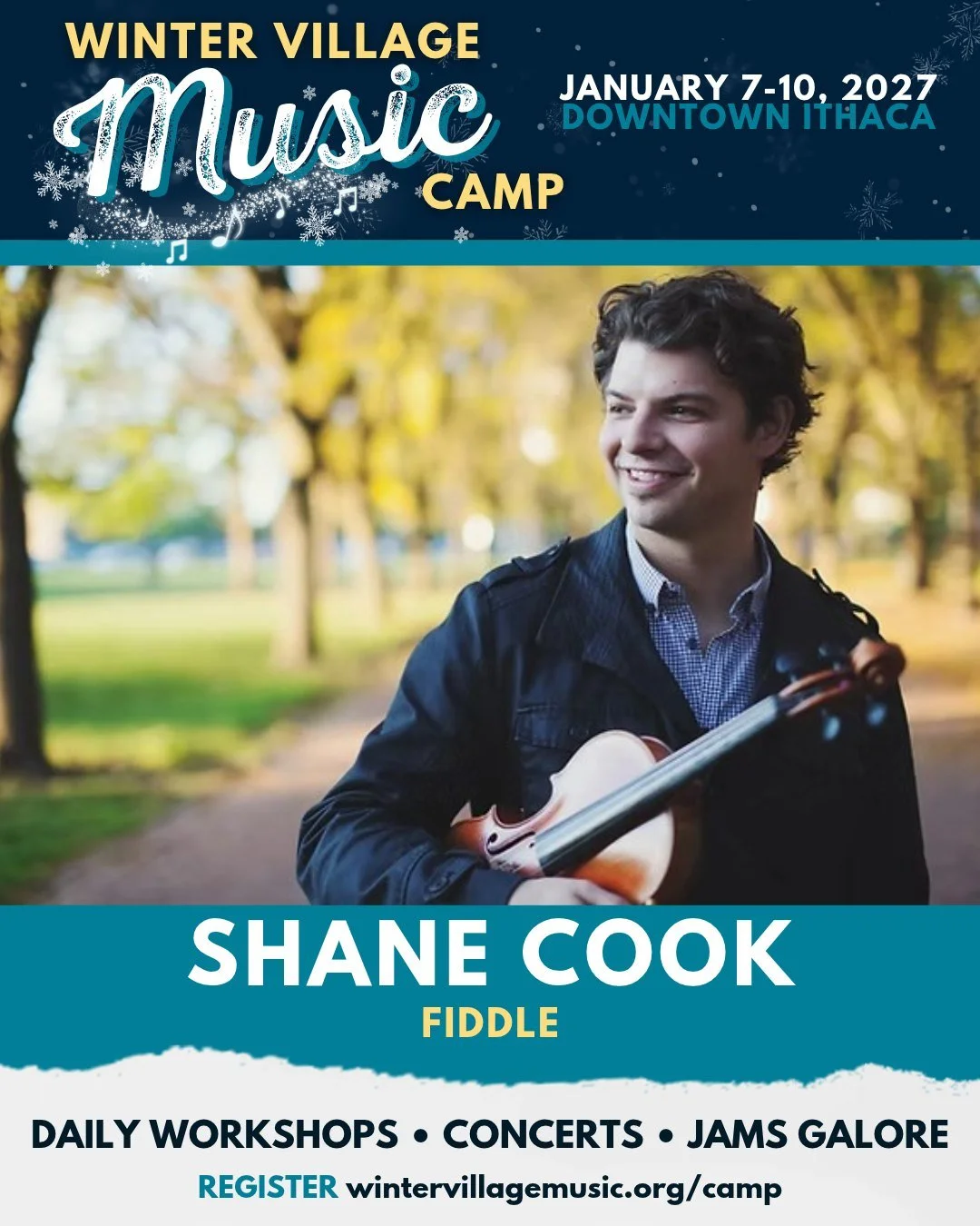 Serious fiddle magic is headed to Winter Village Music Camp in January! 

We will be learning from, jamming with, and listening to the incomparable Shane Cook! 

A Canadian AND U.S. National Fiddle Champion, Shane is renowned for exhilarating perform