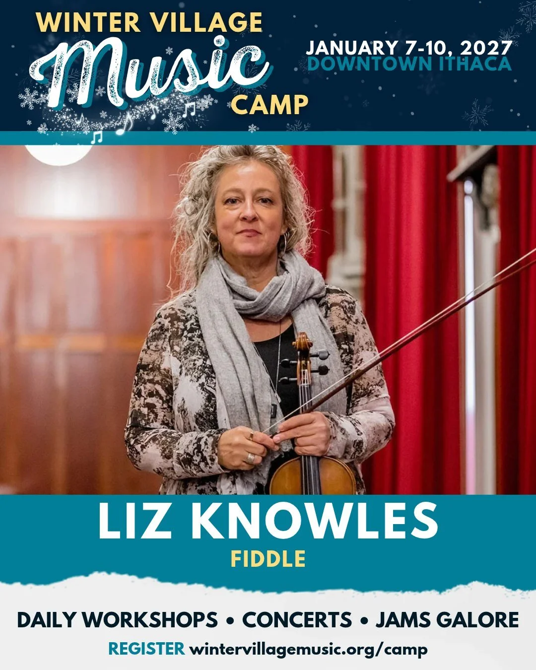 World-renowned fiddler Liz Knowles is joining us at Winter Village Music Camp! 🎻

From soloing on the Michael Collins soundtrack and touring with Riverdance to serving on the faculty at the New England Conservatory, Liz is a true master of her craft