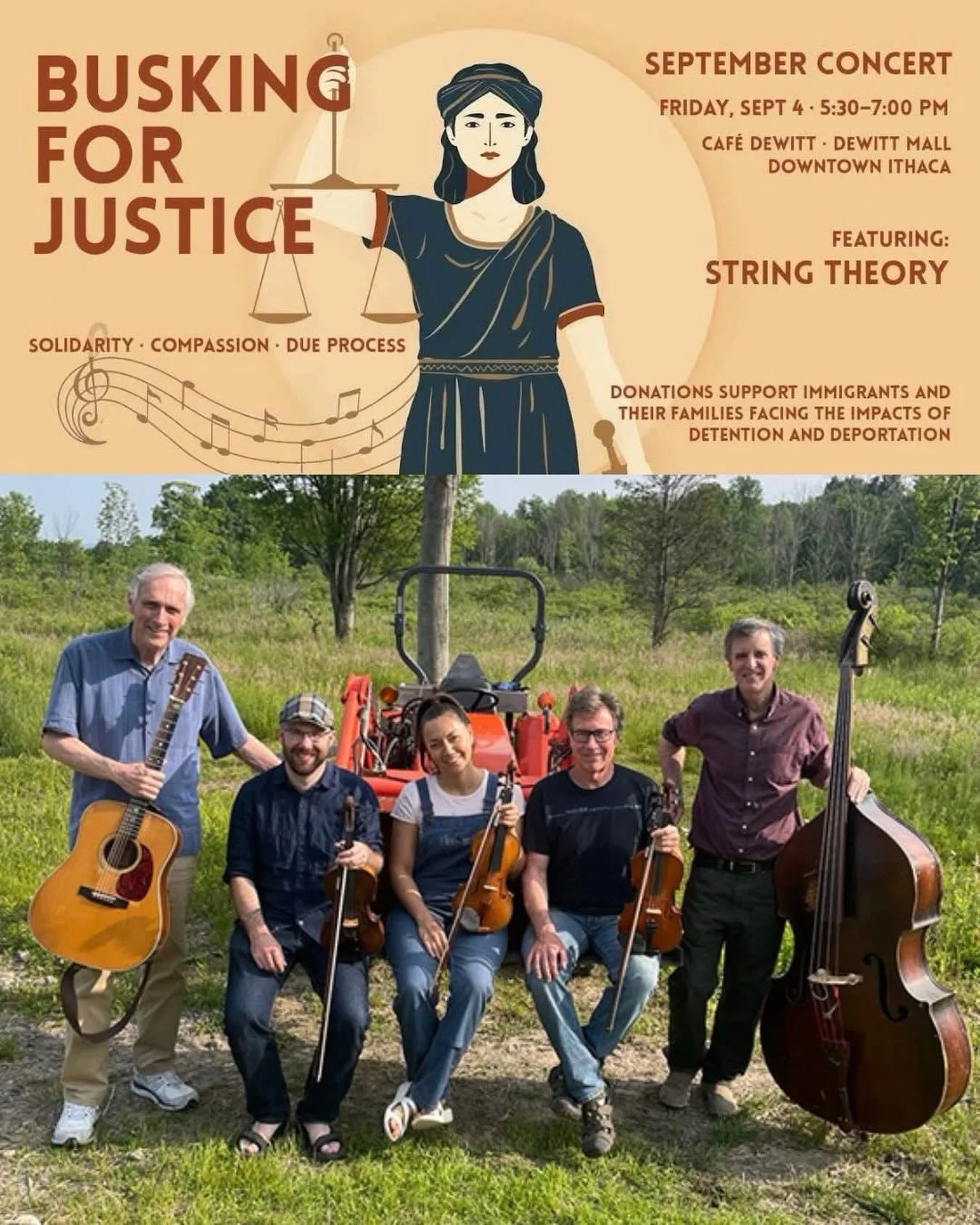 String Theory - Tom Hodgson, Tim Ball, Ariana Kim, Rick Manning and Dave Davies - are excited to perform at Busking for Justice this friday evening in Cafe Dewitt at 5:30 pm. Join us to support our immigrant &amp; refugee community in the Finger Lake