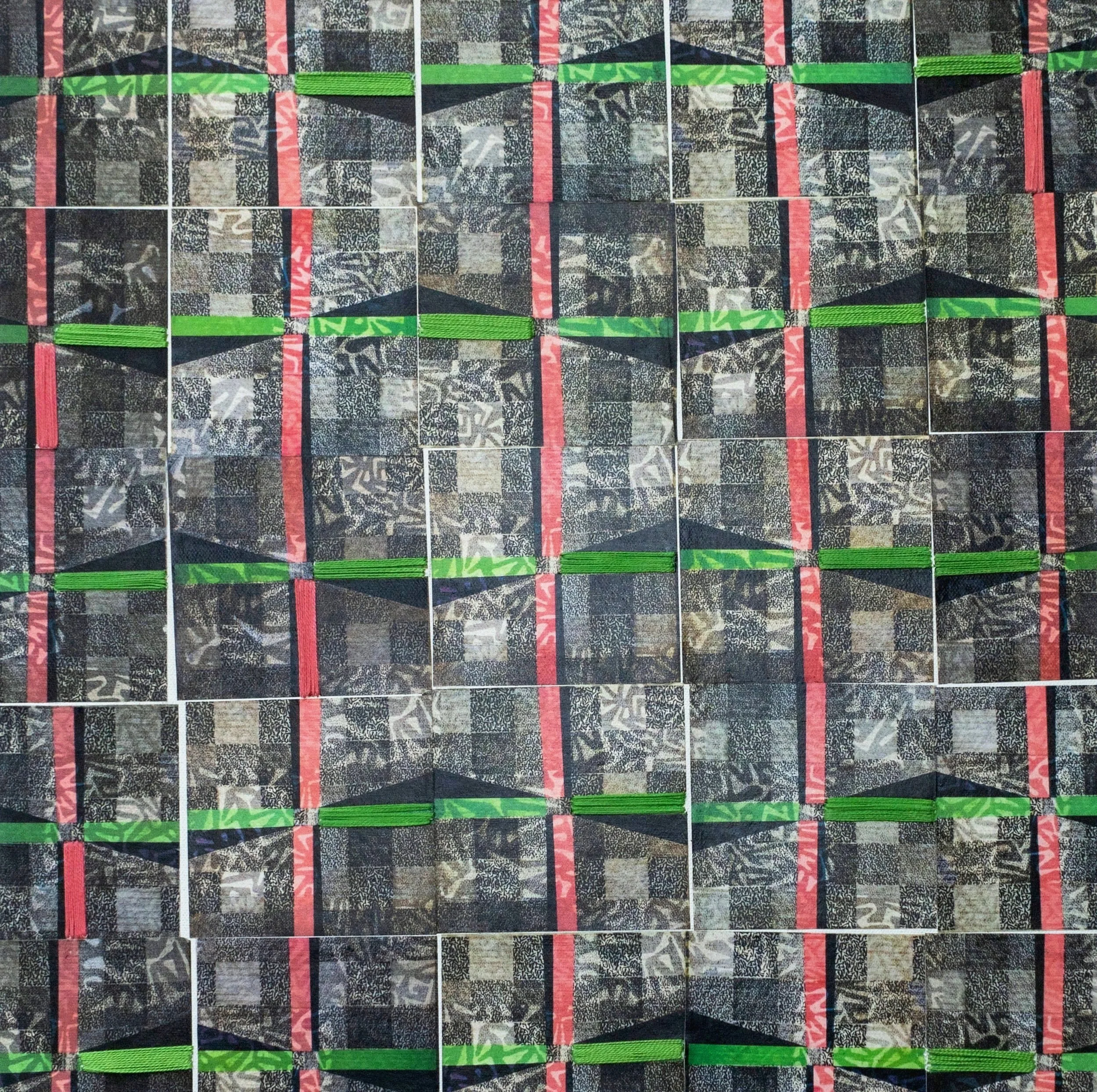 Night to Dawn, 2023, digital print on paper, thread, and mixed media collage on canvas, 18 × 18 in