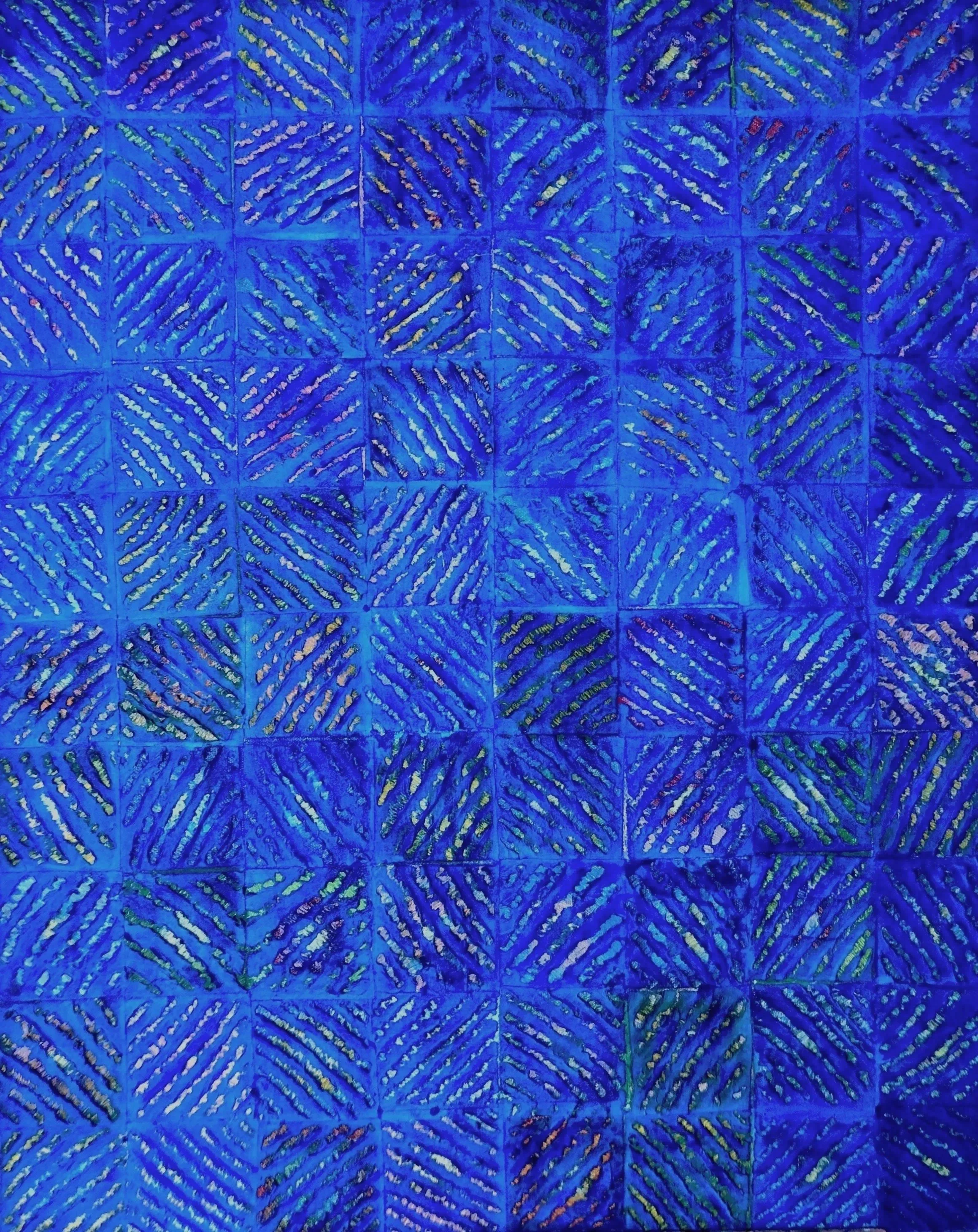 Waves, 2025, Korean mulberry paper, graphite, oil pastel, acrylic on canvas, 30”x40”