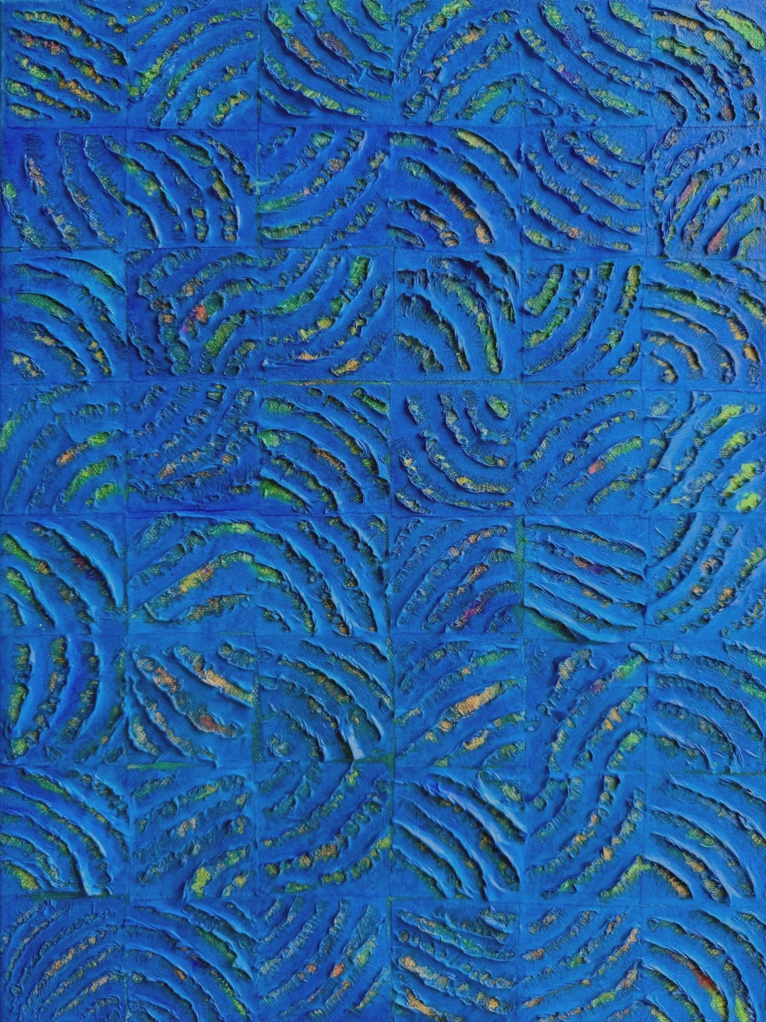 Between Currents I, 2025, Hanji, graphite, oil pastel, acrylic on canvas, 16 × 12 in