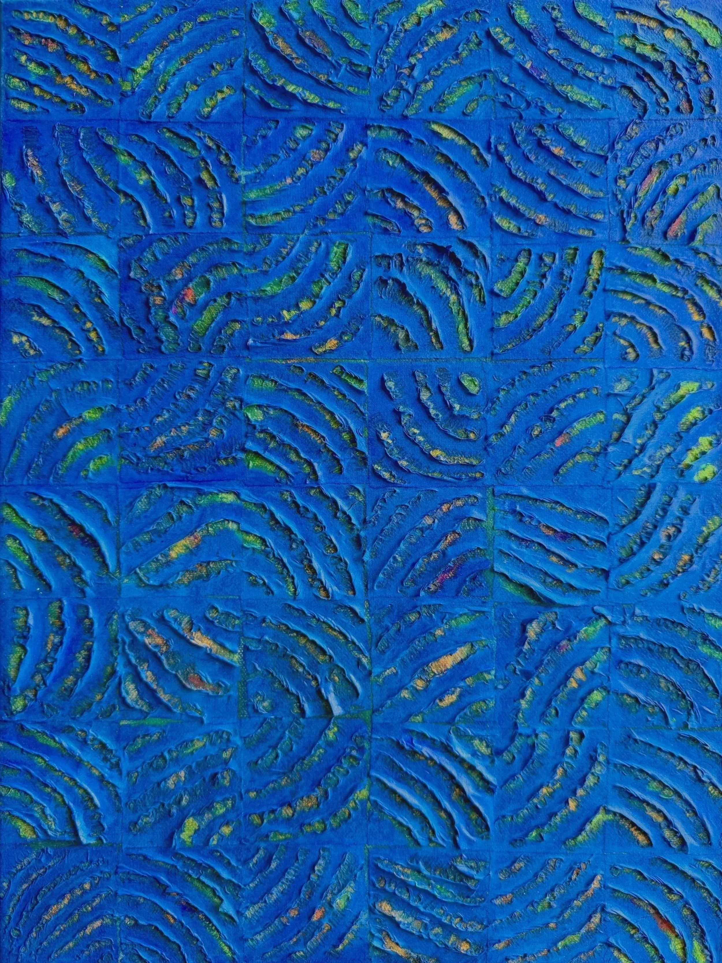 Endless, 2025, Korean mulberry paper, graphite, oil pastel, acrylic on canvas, 12”x16”