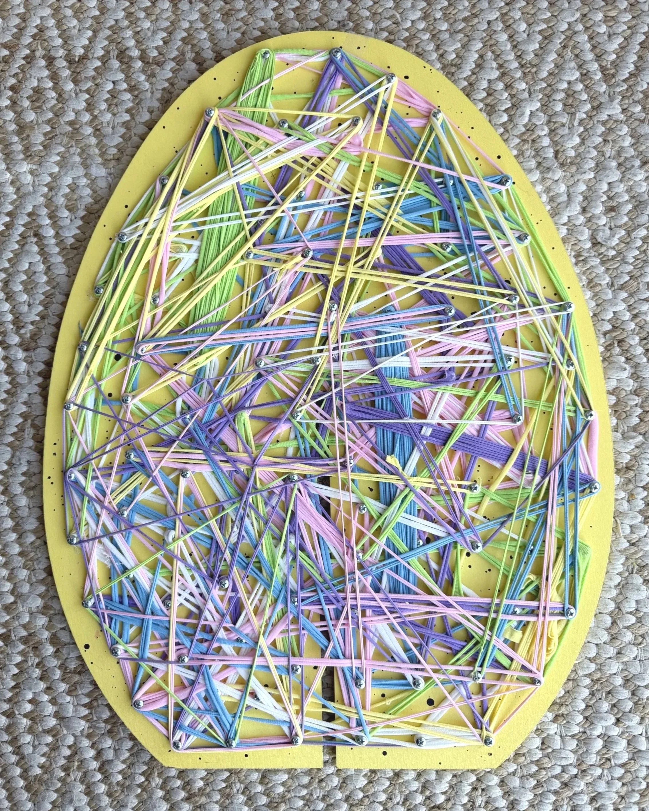 Community Bond, 2025, cotton bands and nails on wood panel, time-based community, Irvine, CA