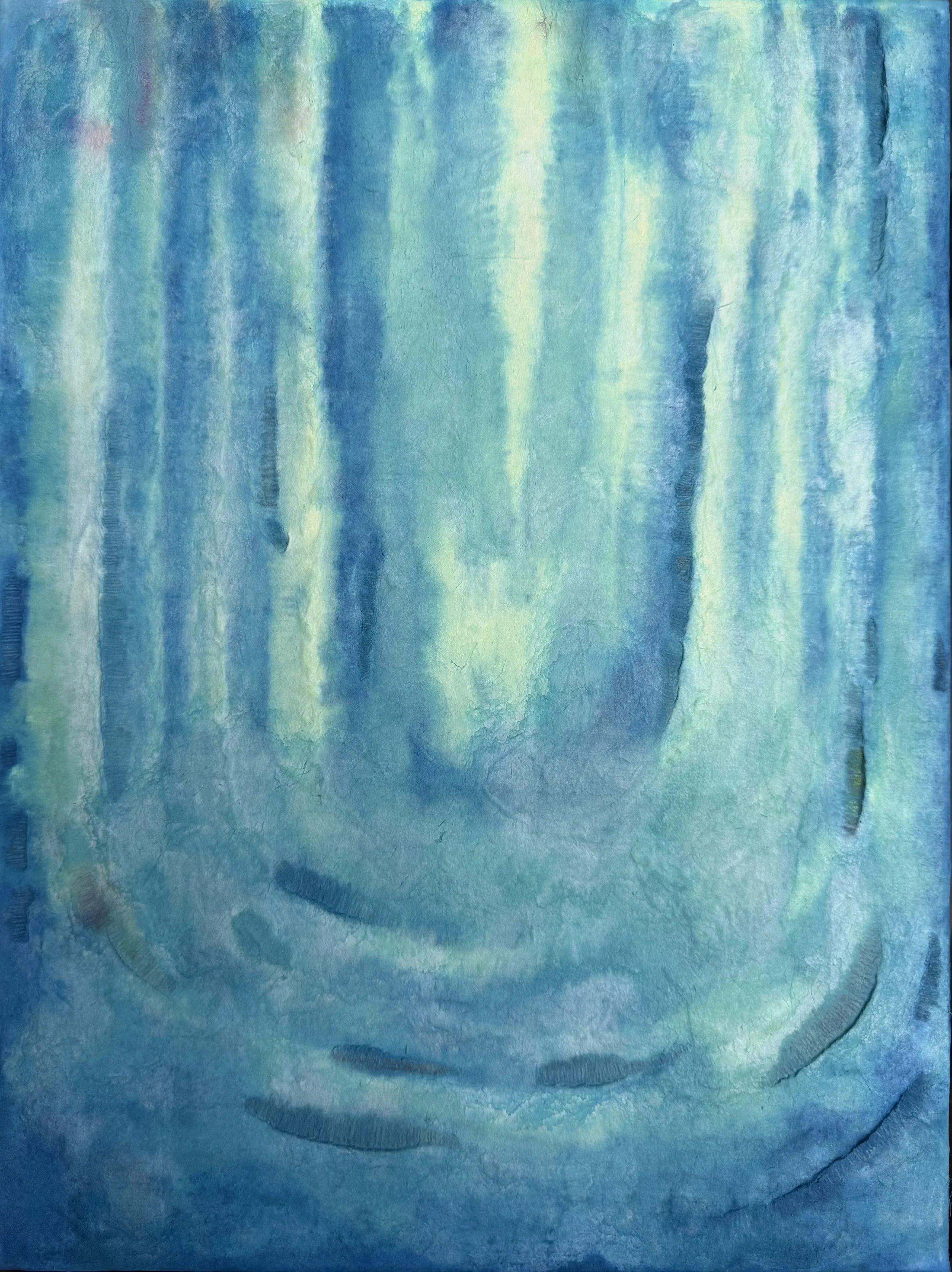 Descent of Light, 2026, Korean mulberry paper (Hanji), graphite, oil pastel, and acrylic on canvas, 12" x 16" 