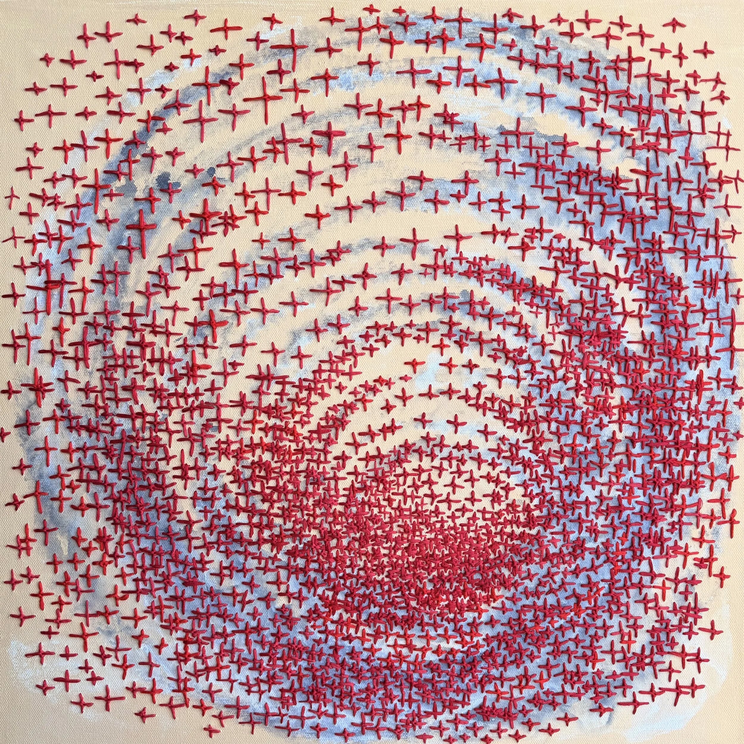 Today, 2026, thread, graphite, and acrylic on canvas, 20" × 20"