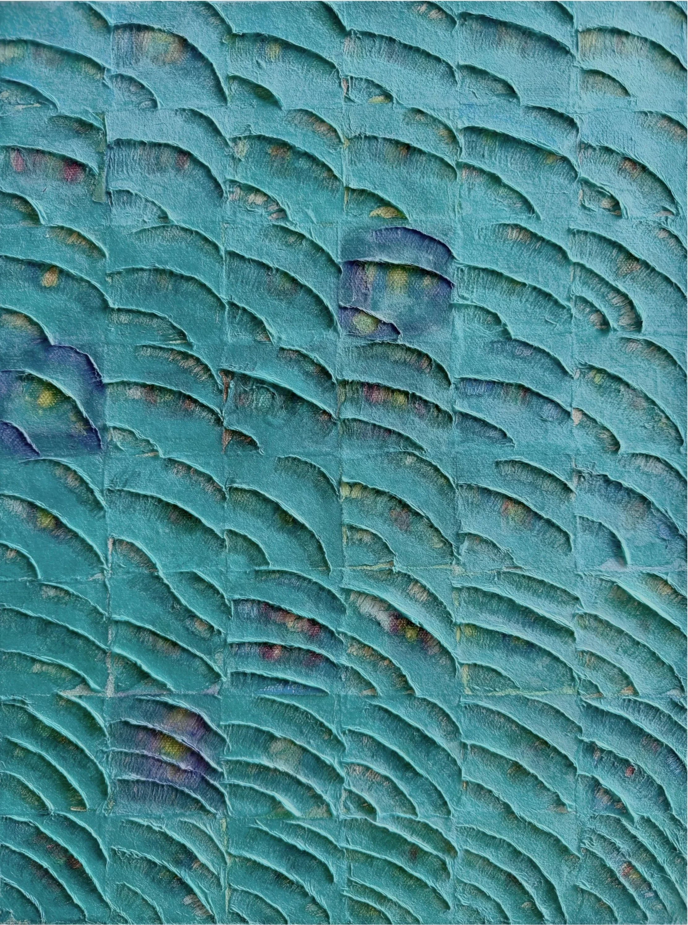 Shore Marks, 2025, Hanji, graphite, oil pastel, acrylic on canvas, 16 × 12 in