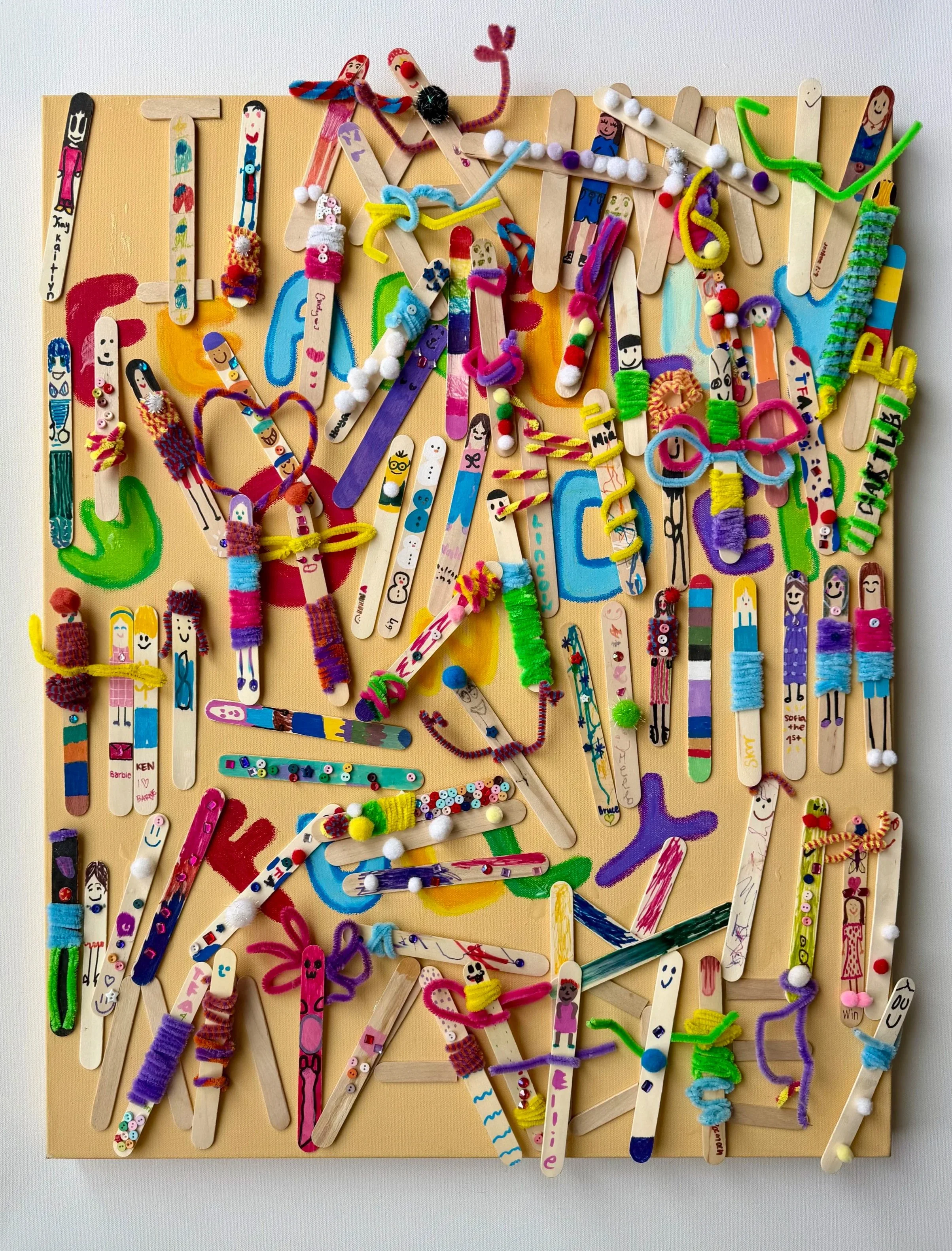 Becoming me, 2025, pipe cleaners, wooden sticks on canvas, time-based community project, Irvine, CA
