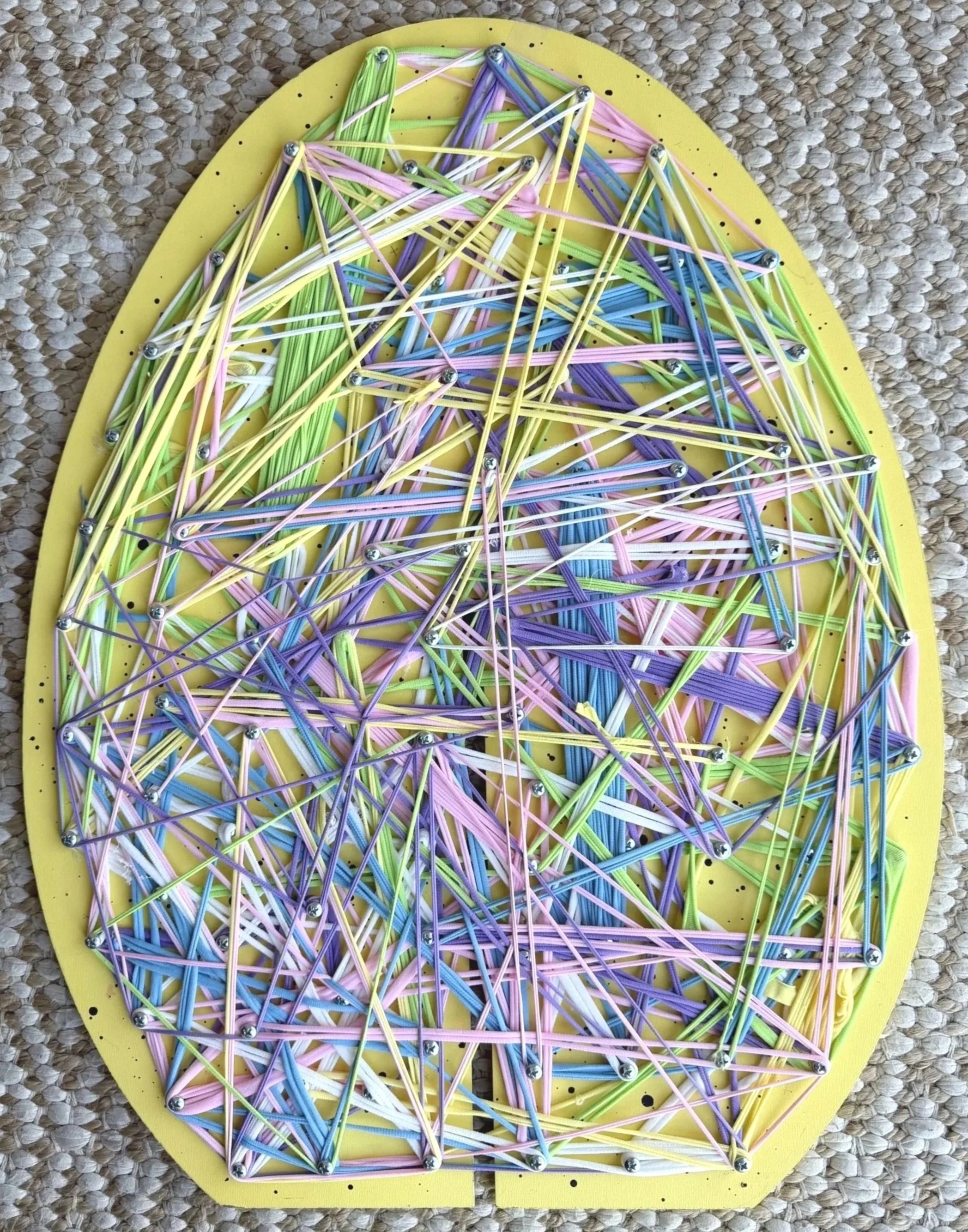 Community Bond, 2025, cotton bands and nails on wood panel, time-based community, Irvine, CA
