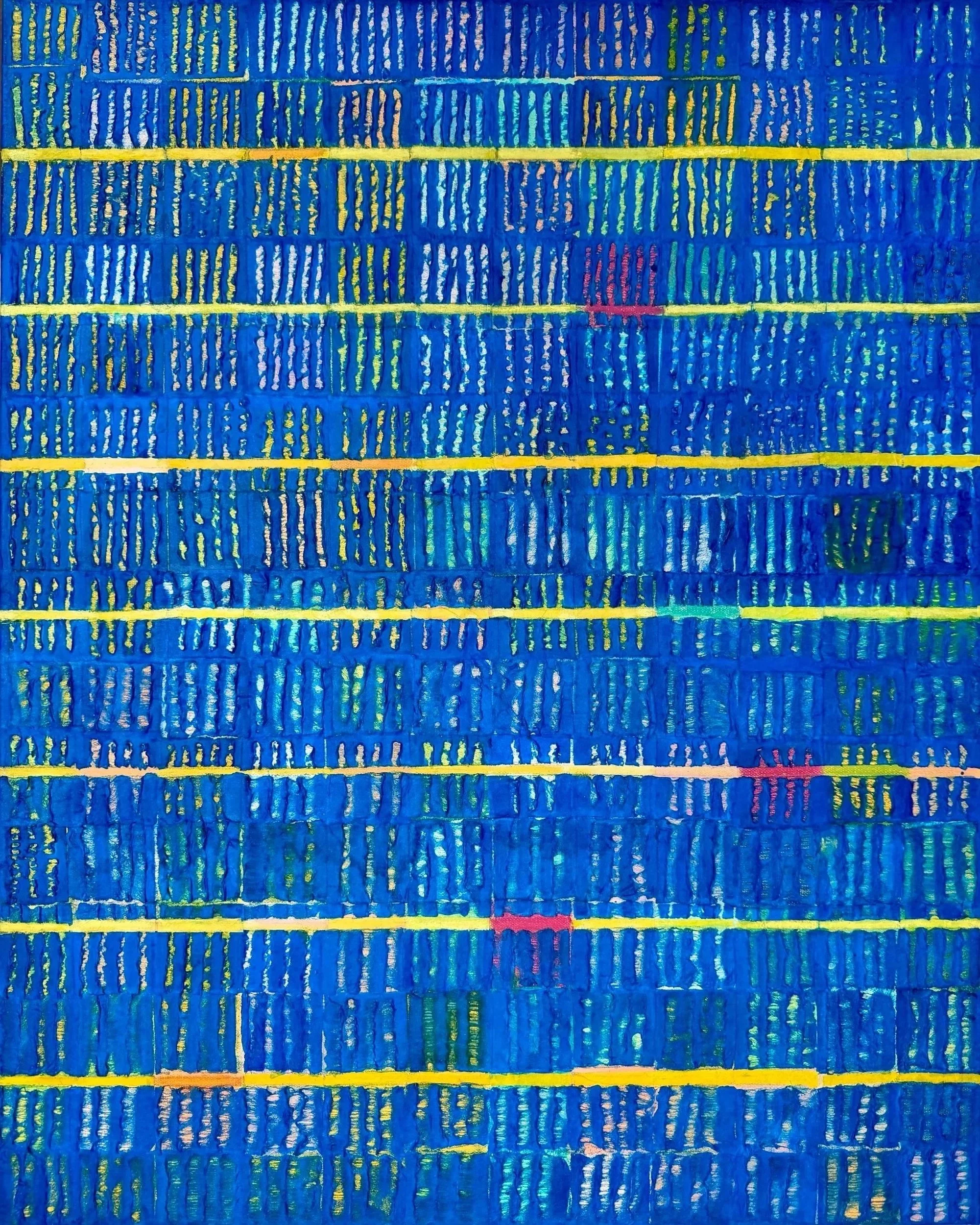 Seven Crossings of Light, 2025, Hanji, graphite, oil pastel, acrylic on canvas, 30 × 24 in