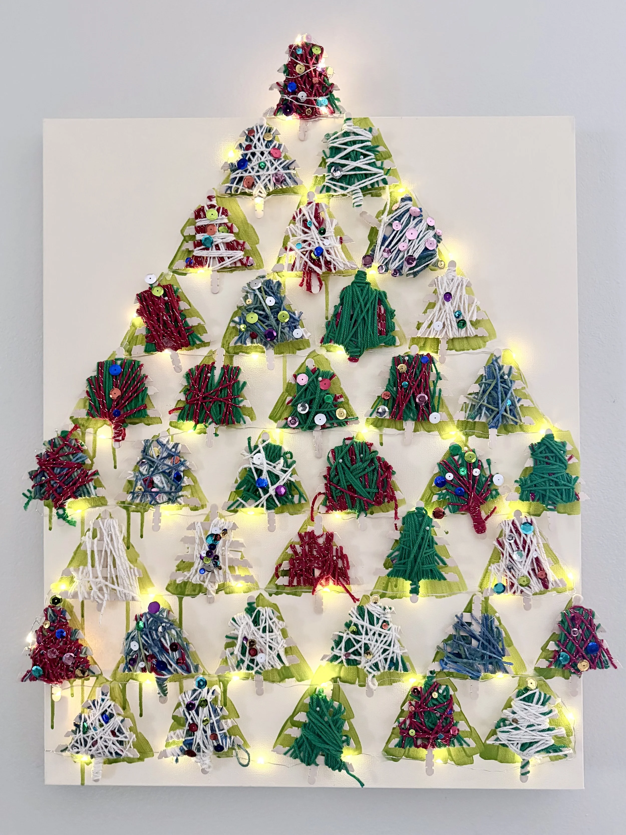 Evergreen, 2025, yarn, wooden stick, bead, and acrylic on canvas, 16 × 20 in., Irvine Onnuri, community art 