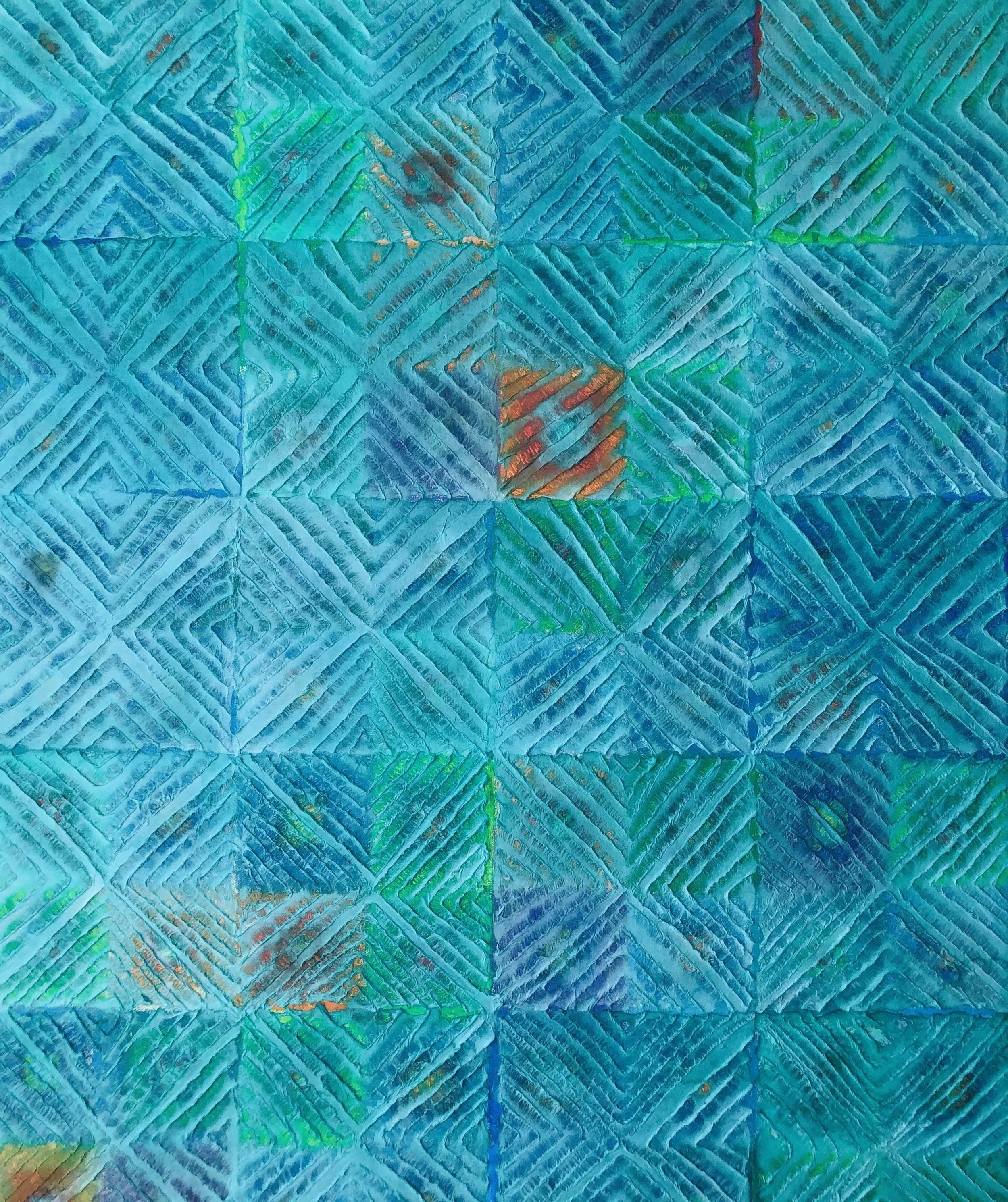 Tide pools, 2025, Korean mulberry paper, graphite, oil pastel, acrylic on canvas, 30”x40”