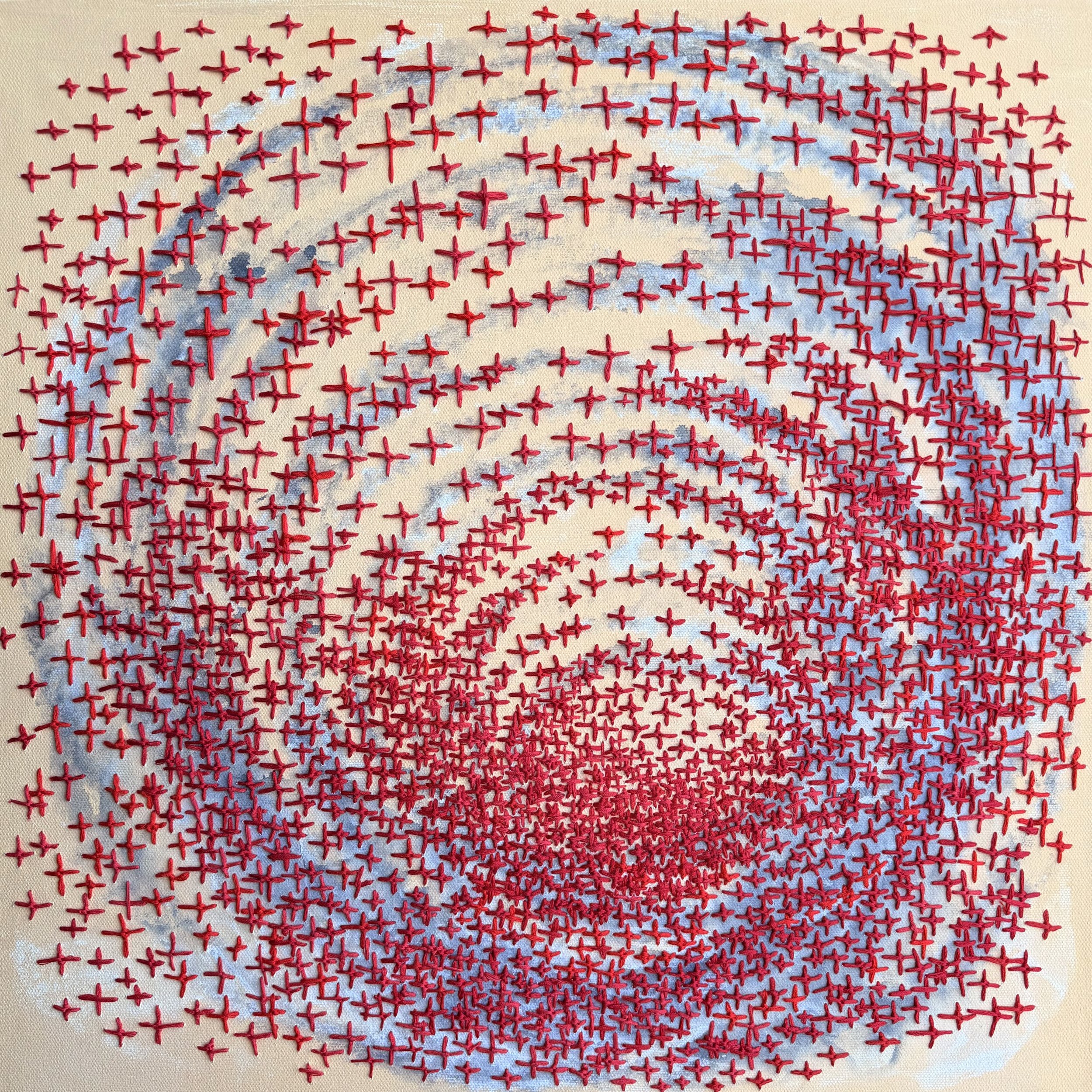 Today, 2026, thread, graphite, and acrylic on canvas, 20 × 20 in.