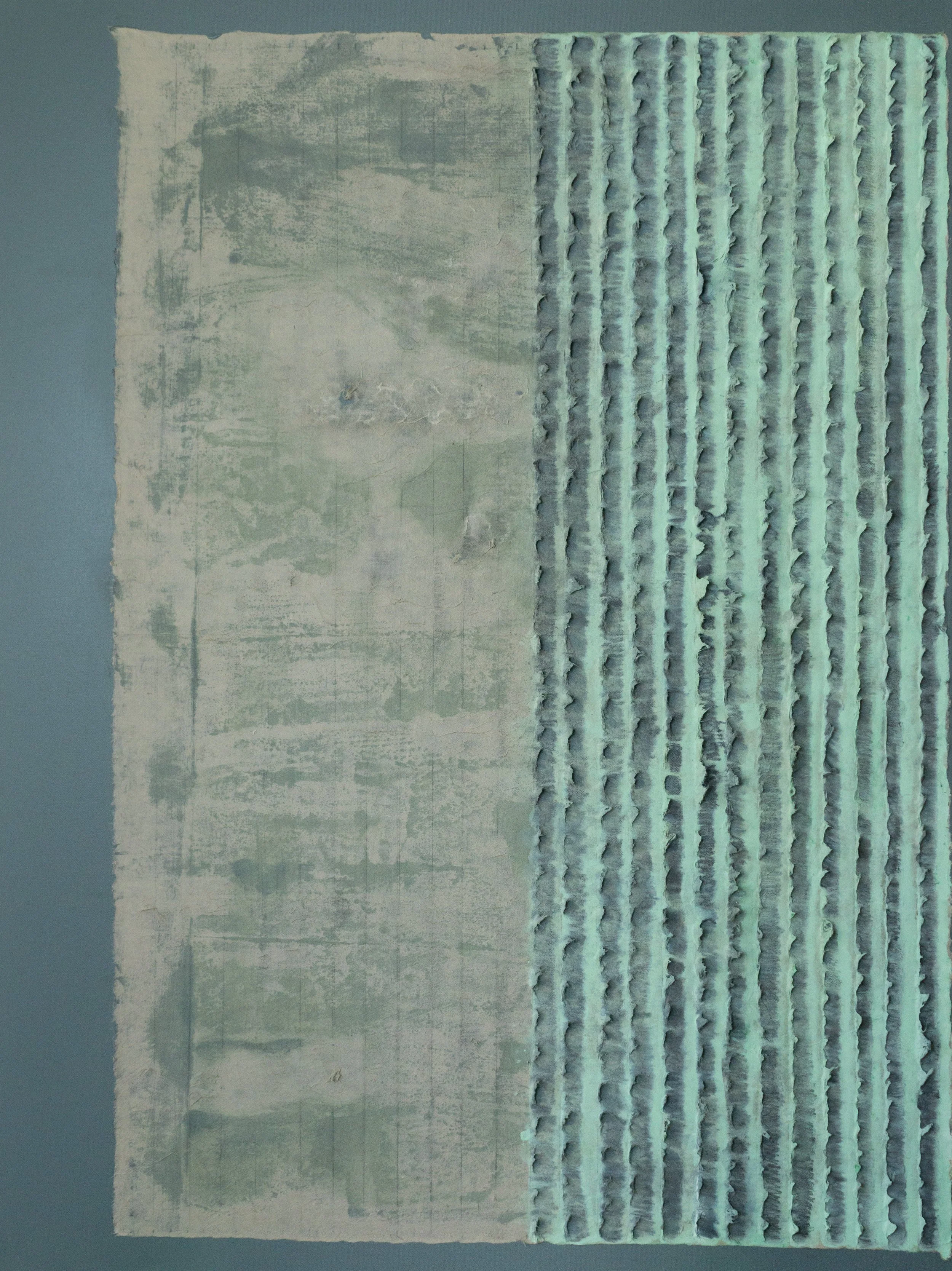 Waves II, 2024, Korean mulberry paper, graphite, acrylic on canvas, 30"x40" 