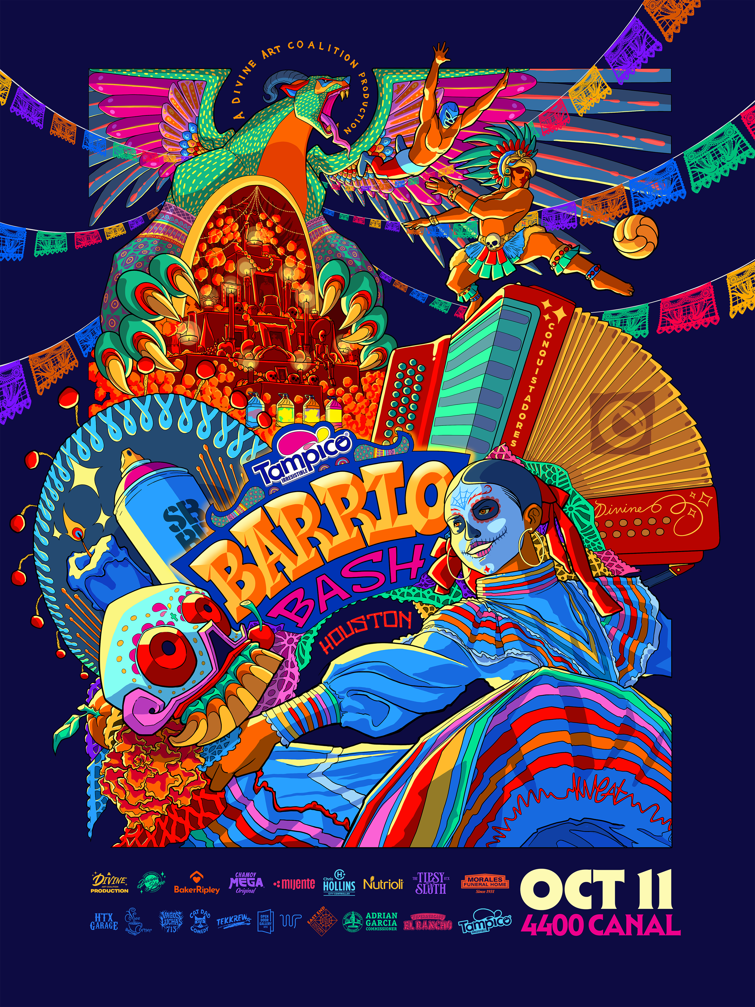 Colorful event poster featuring a mariachi musician, a dancing angel, a dragon, papel picado banners, and various logos at the bottom. The event is on October 11 at 4400 Canal.