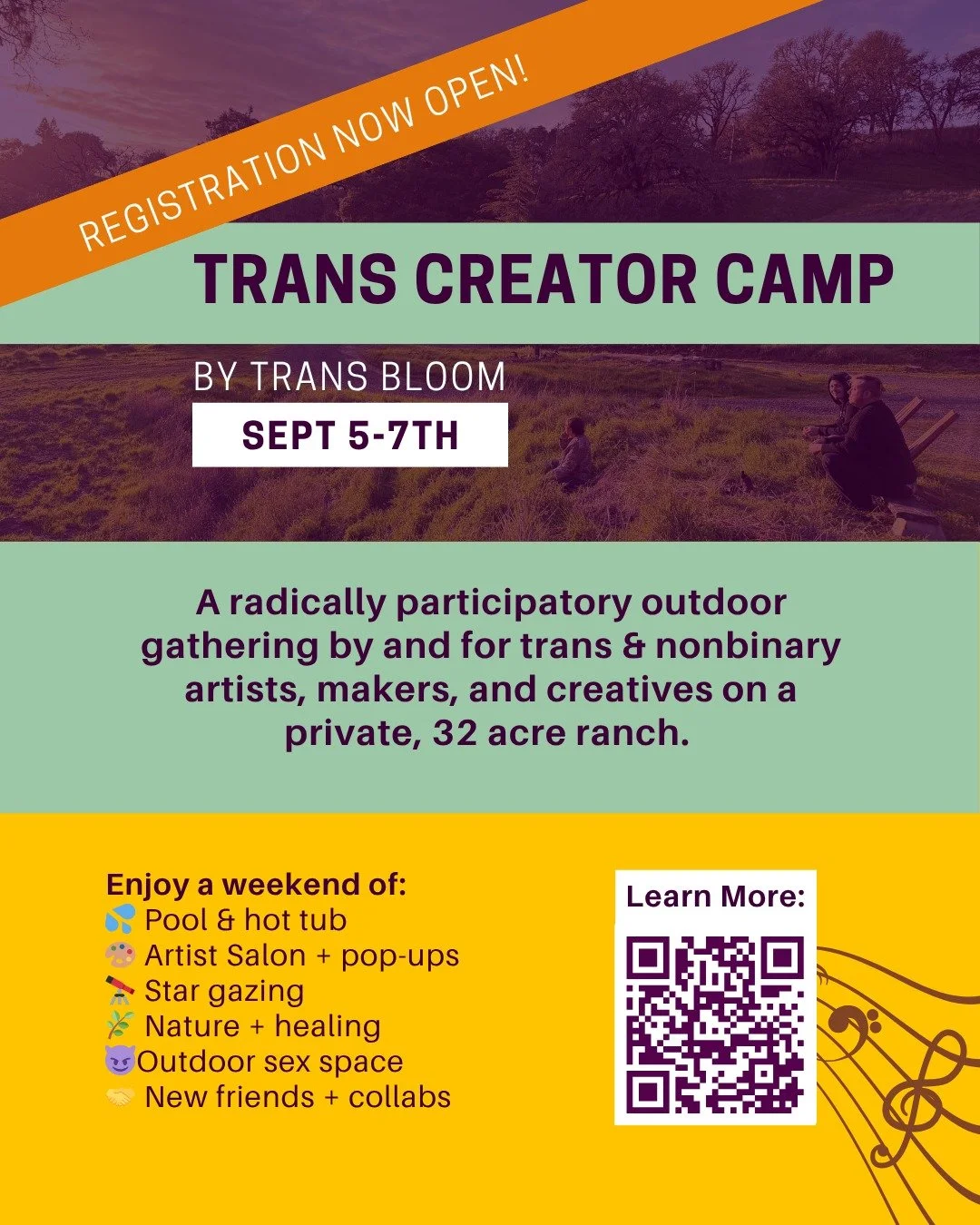 It&rsquo;s official: Registration is OPEN for Trans Creator Camp! 🌲🎨✨

Sept 5&ndash;7
Tranifest Ranch (2 hrs north of SF)

Join other Trans artists, makers, creators, and creatives as we conjure 3 days of art, nature, and collective joy. We invite 