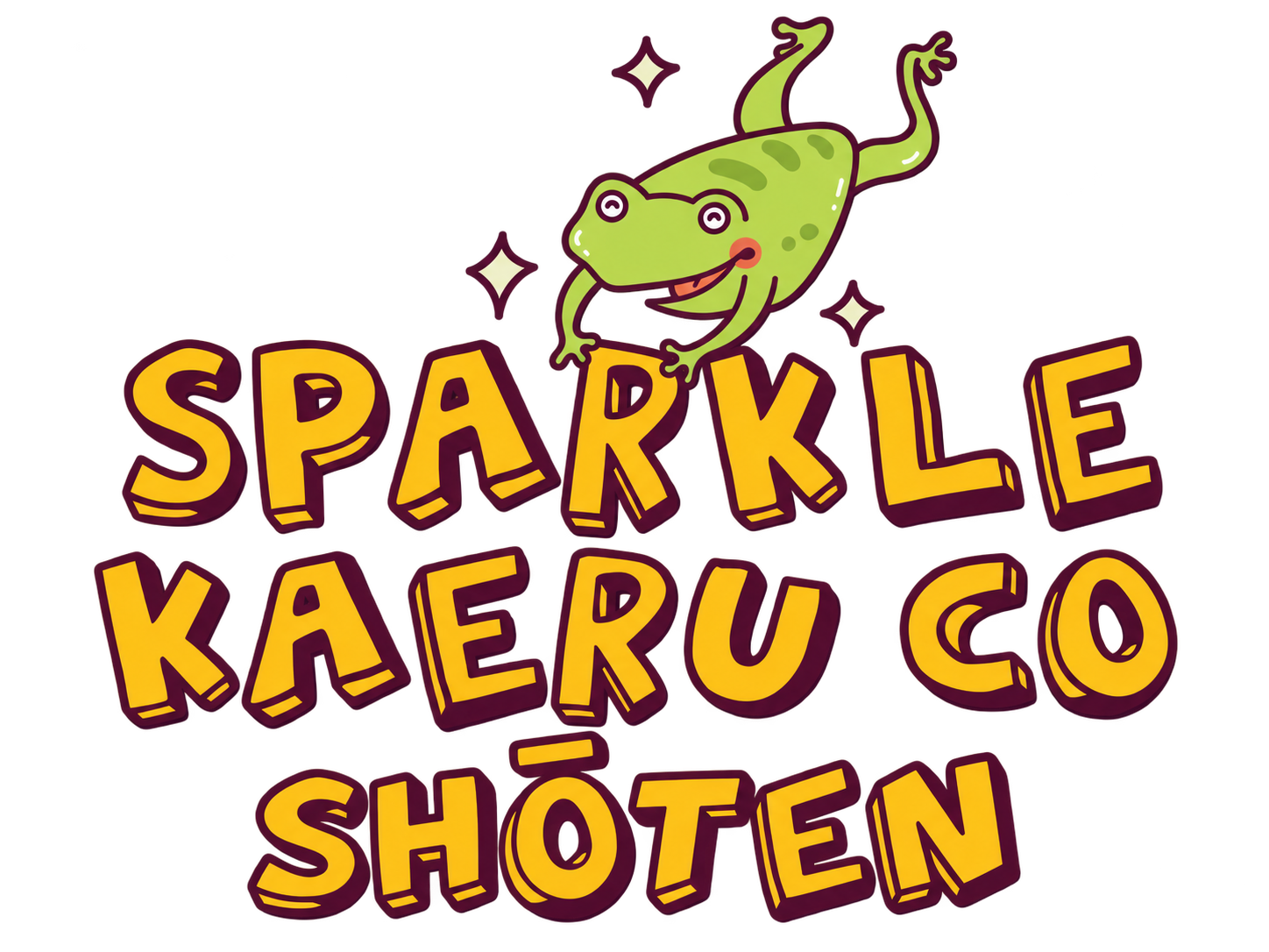 Colorful cartoon logo with a cheerful green gecko and stylized text that says "Sparkle Kaeru Co Shoten."