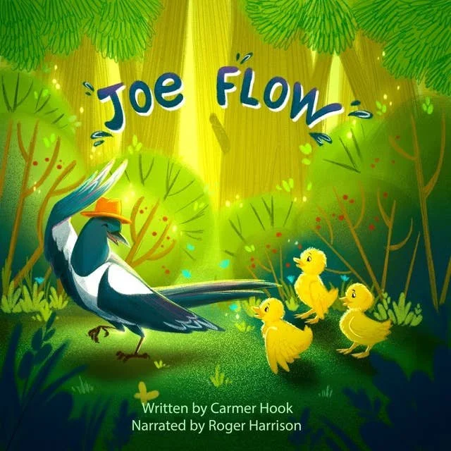 Colorful illustration of a bird wearing a hat and three yellow ducklings in a lush green forest with sunlight streaming through trees. The title "Joe Flon" is displayed at the top.