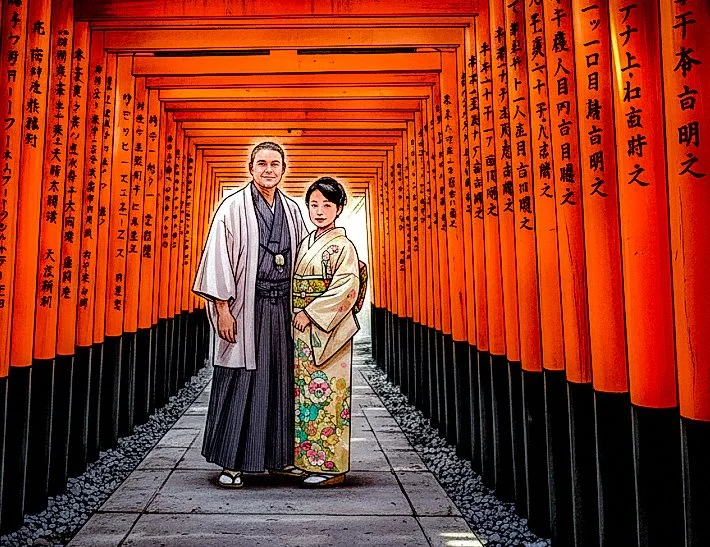 Manga image of Japan Travel Pros founders Ari and Aki in Kyoto Japan.