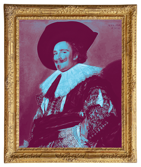 Painting of a man wearing an elaborate historical costume with a large black hat, ruffled collar, and patterned clothing, framed in ornate gold.