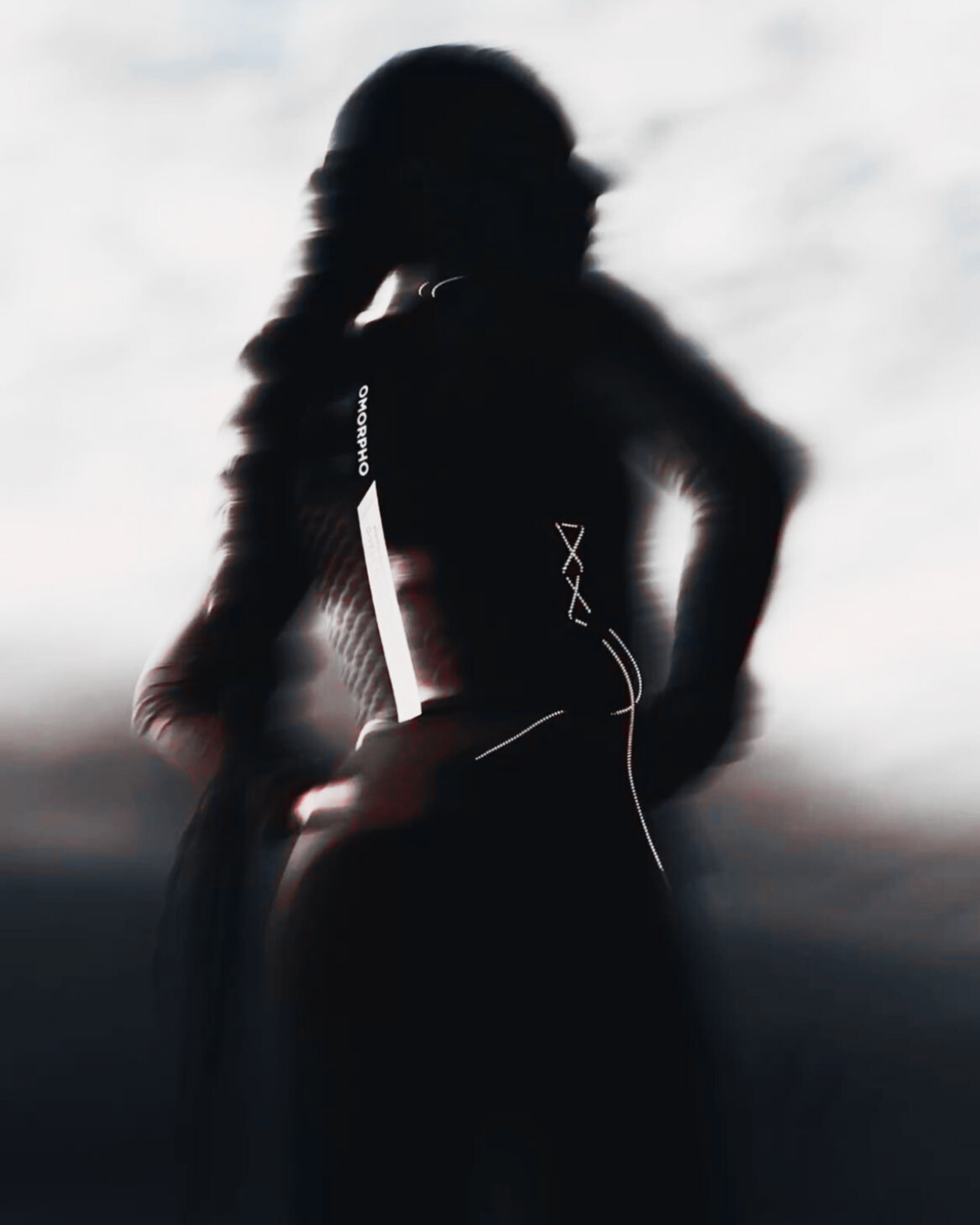 Futuristic silhouette of a woman in a black outfit with abstract white lines and text, standing against a blurred background.