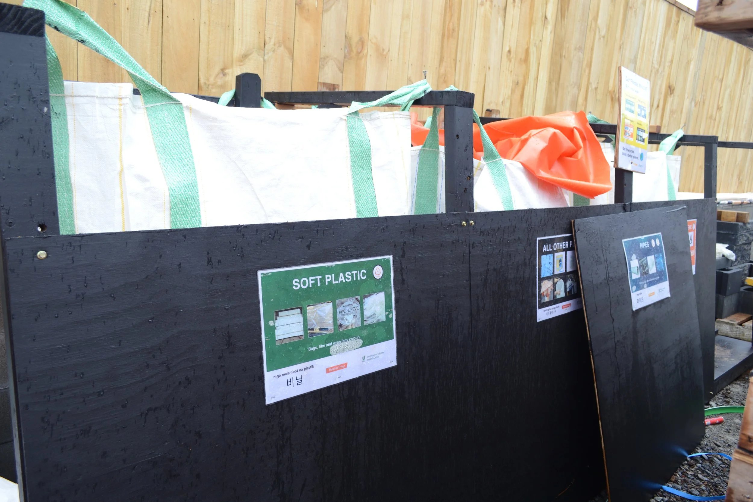 Example of a wooden structure to hold bags in place. 